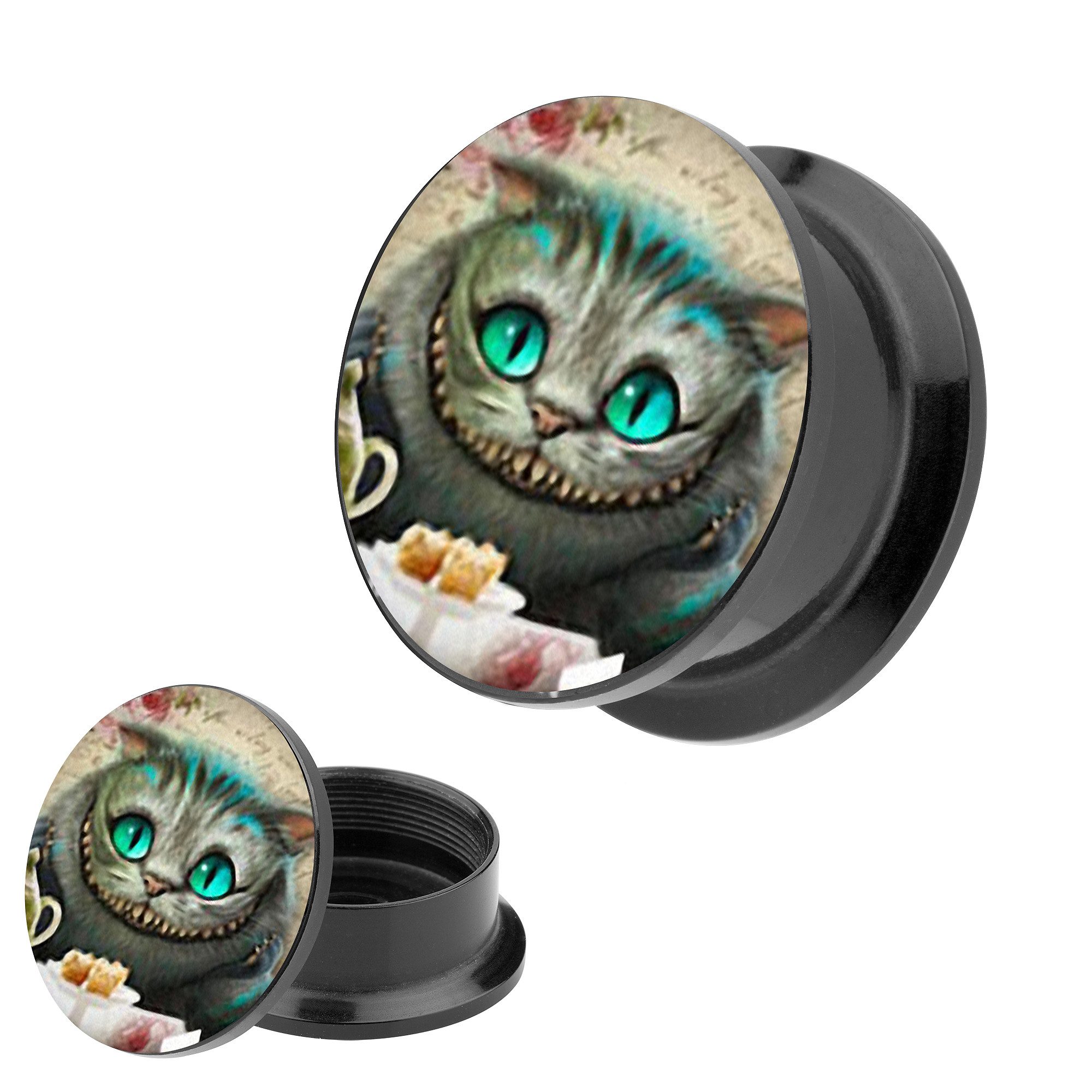 Plug Tunnel Gewinde Plug Piercing mit Motiv Wunderland Grinsekatze 6mm