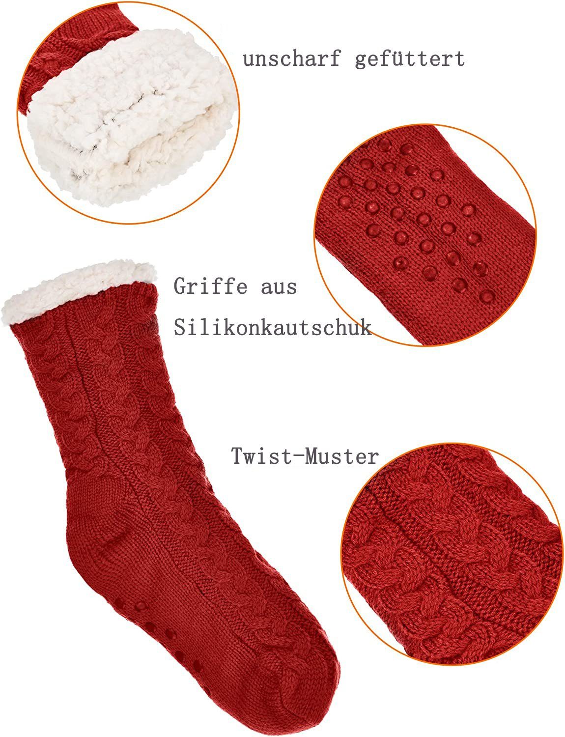 Damen Socken Weihnachten grau GelldG rot + Socken Warme Paar Fuzzy 2 Pantoffel Thermosocken