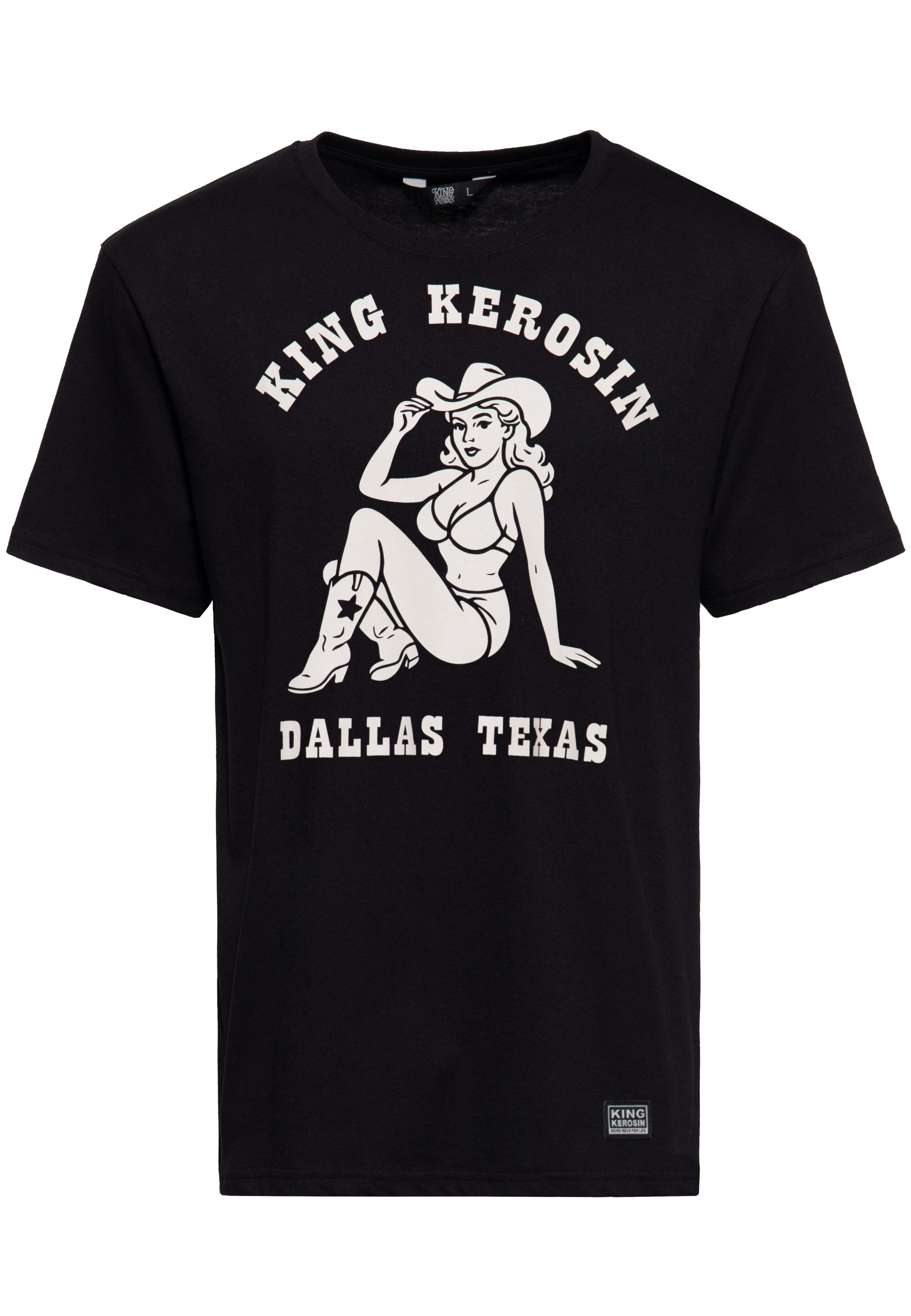 KingKerosin Print-Shirt Texas Cowgirl Zweifarbiger Frontprint mit Pin-up-Motiv