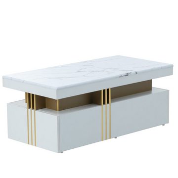 Merax Couchtisch mit Schubladen und Tischplatte in Marmoroptik, Beistelltisch aus Holz mit goldenen Dekor, Wohnzimmertisch Industrial