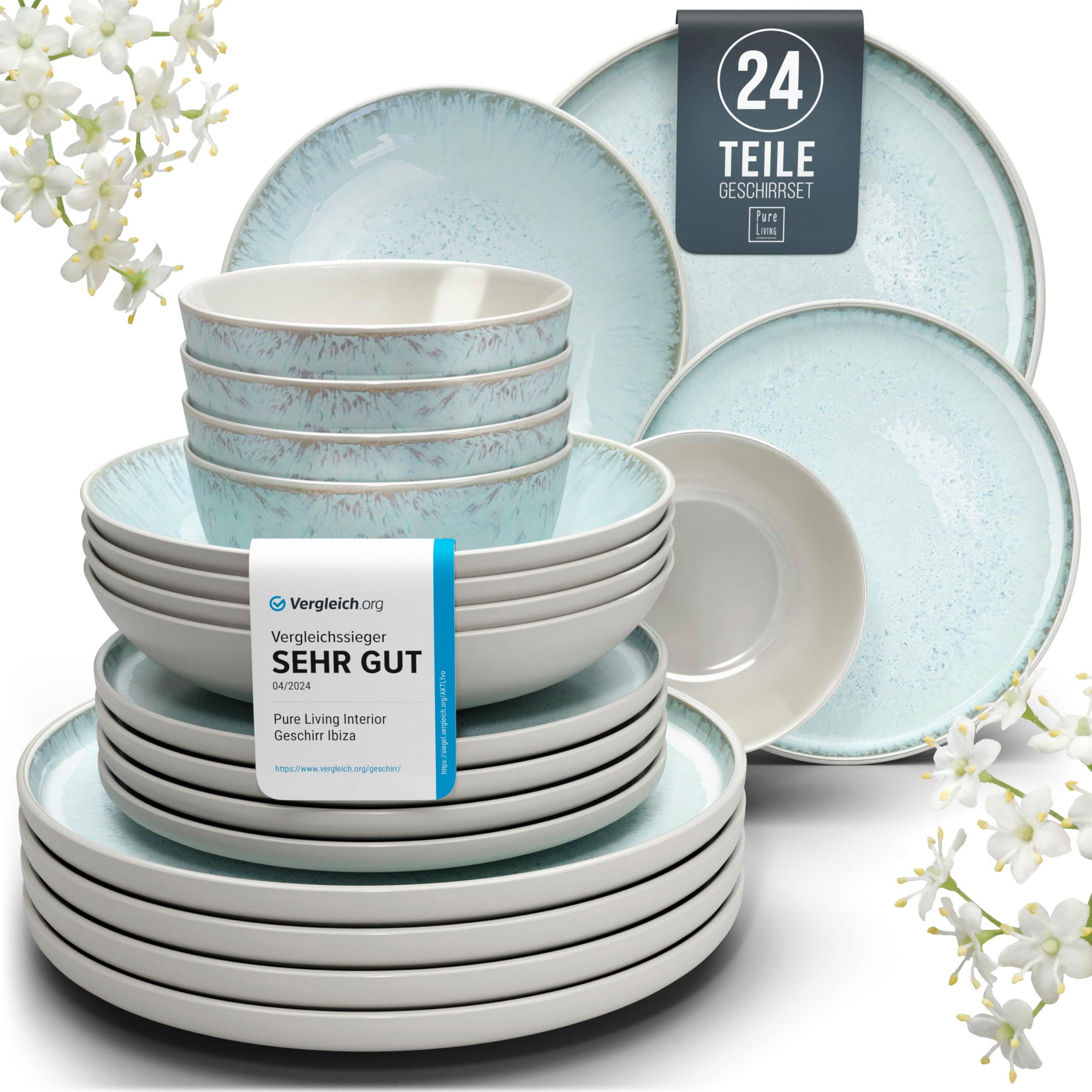 PURE LIVING INTERIOR DESIGN Geschirr-Set 6 Pers. - Steingut Geschirr Set - Schüssel- und Teller Set (24-tlg), 6 Personen, Steingut, Hochwertiges Mediterranes Kombiservice 6 Personen Geschirrsets