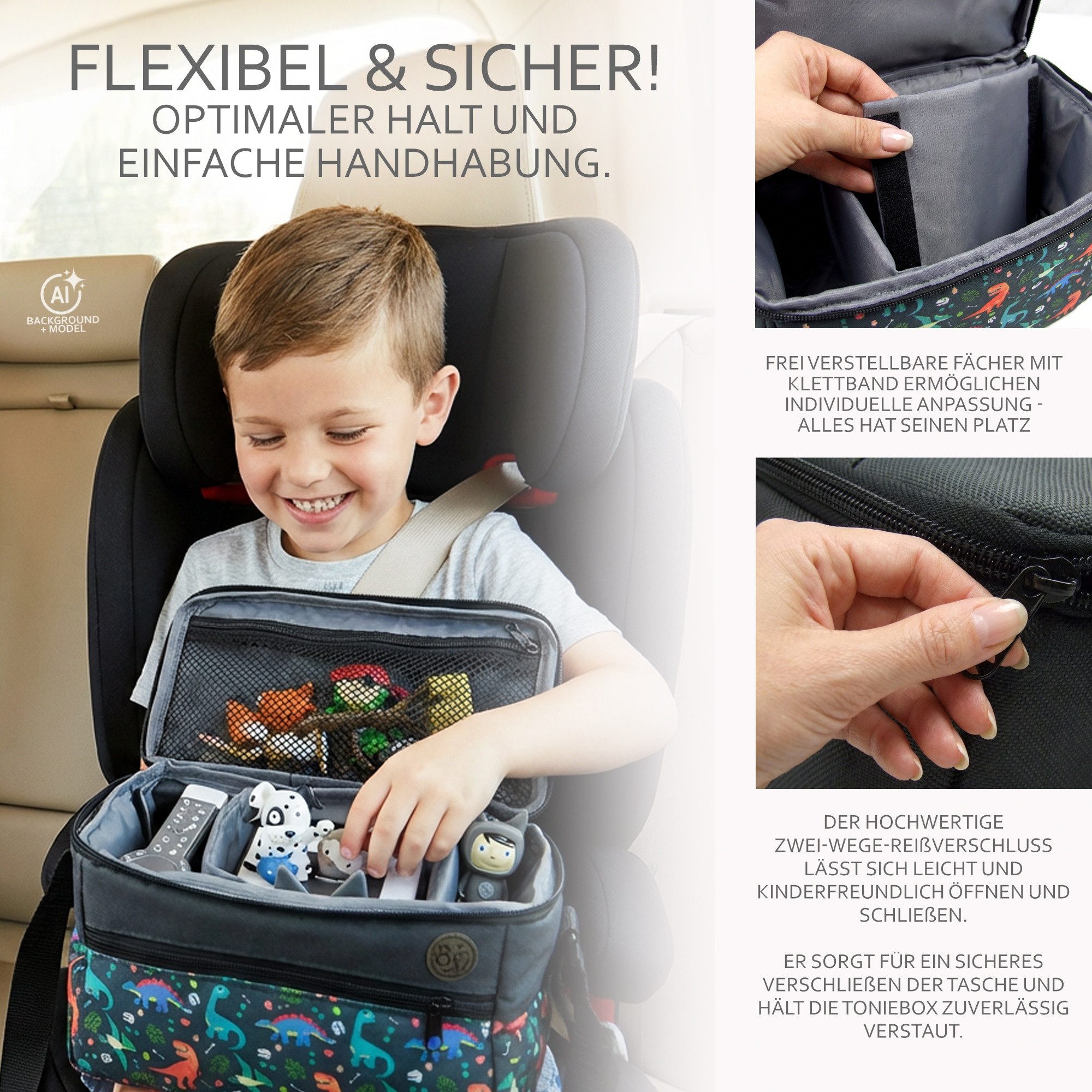 BambiniWelt by Rafael K. Aufbewahrungstasche Tasche für Toniebox Tigerbox für Musikbox Hörwürfel Innenfächer, innere Fächer dank Klettband frei verstellbar – Bild 4 von 5