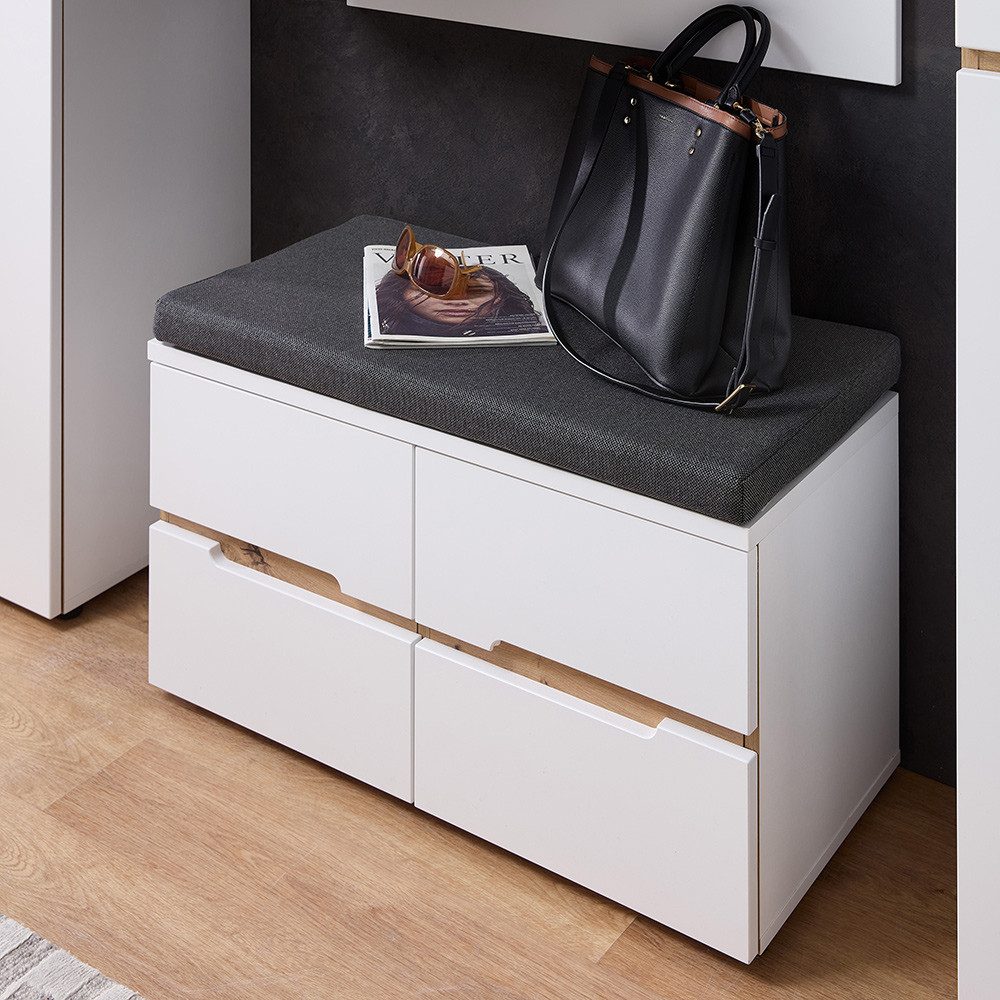 Lomadox Garderoben-Set MANRESA-36-WHITE, (Spar-Set, 3-St., Garderobenschrank Garderobenpaneel Schuhbank), in weiß mit Eiche, grifflos, mit Garderobenbank inkl. Sitzpolster
