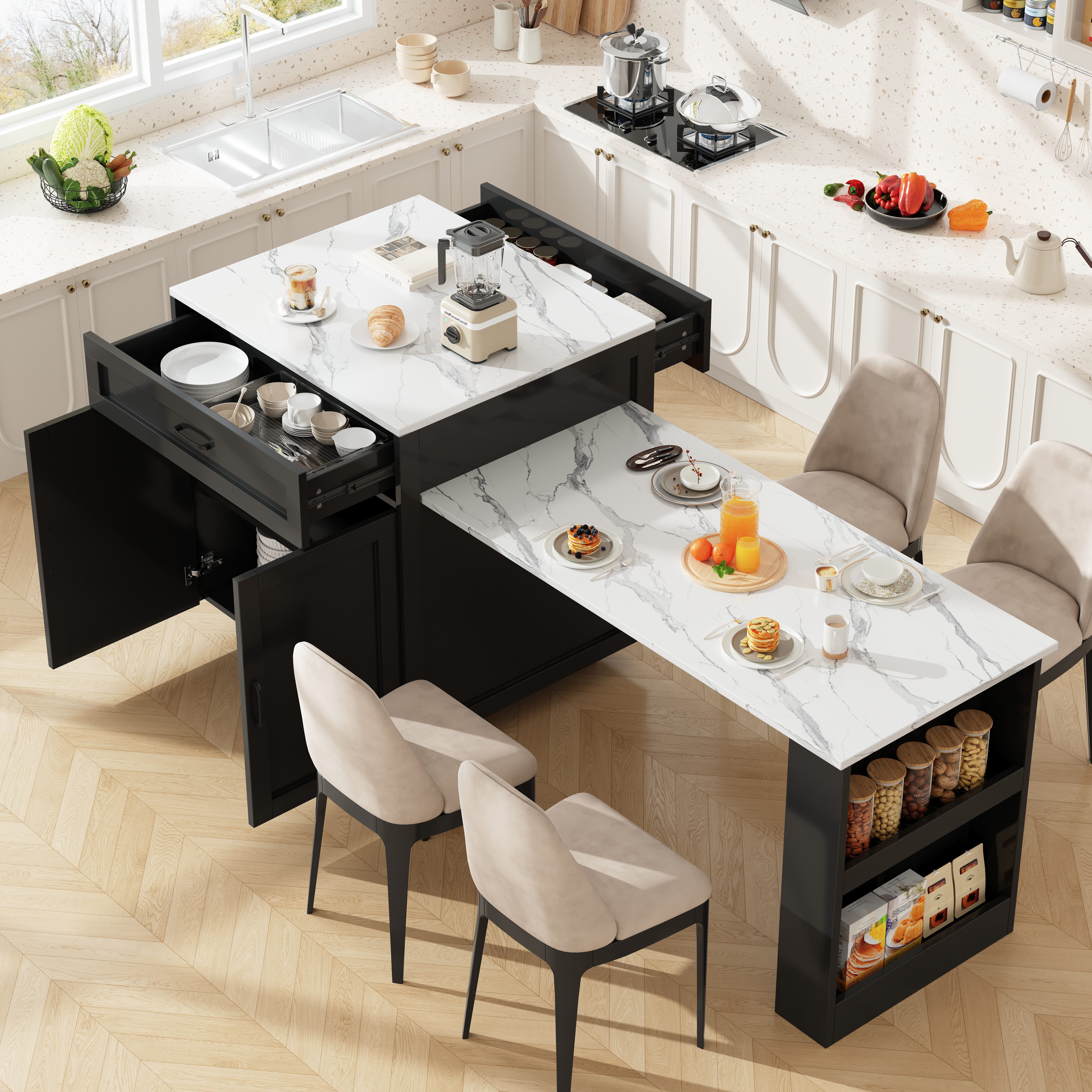 Odikalo Kücheninsel Stehtisch mit Stauraum & Ausziehbarer Esstisch, (133-202×70×93,5cm), mit 2 Schublade und 2 Fächern, Kücheninsel-Ausziehtisch für 2-6 Personen, Küchen-Esswagen mit Seitenablagen)