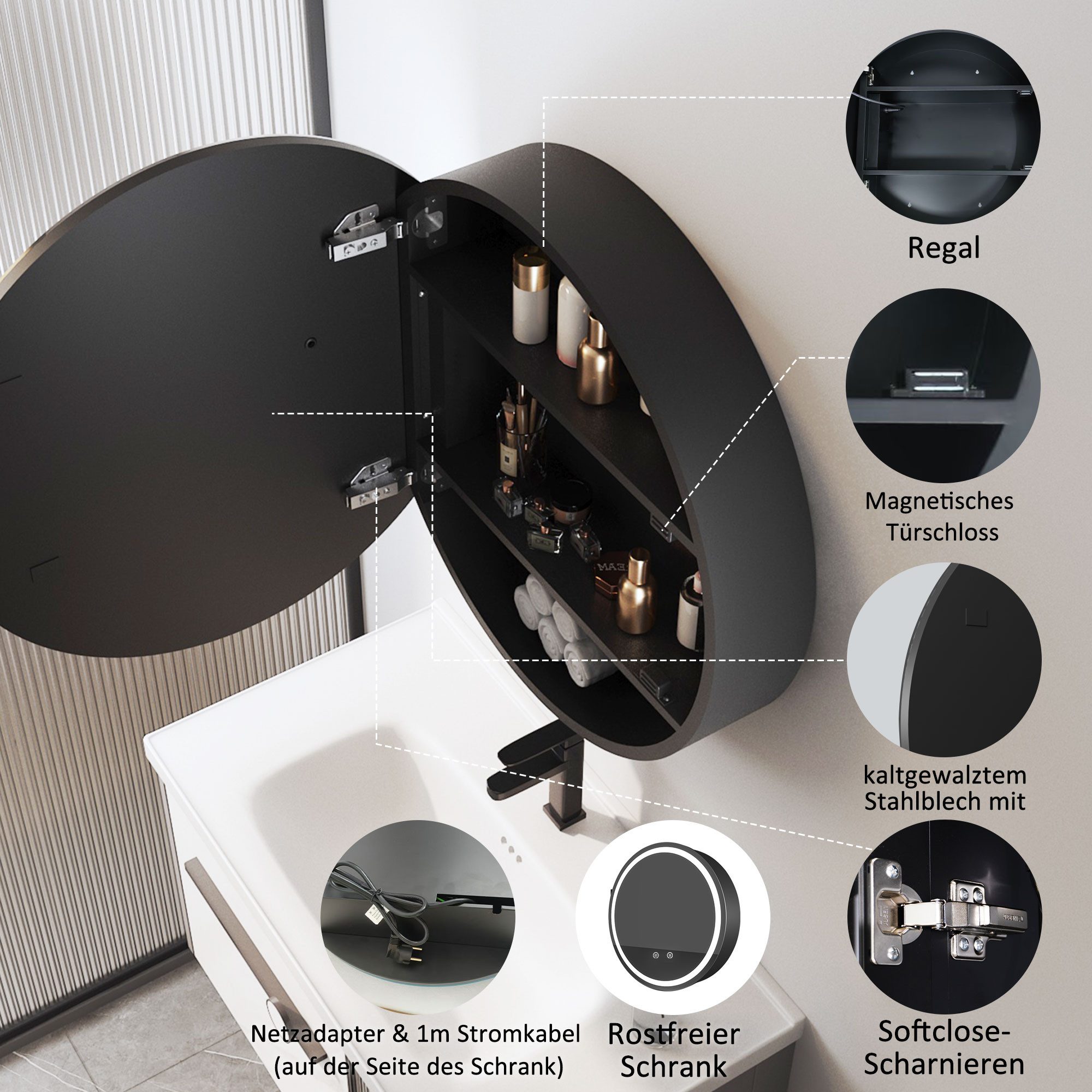 WDWRITTI Spiegelschrank Bad mit Beleuchtung Badezimmerspiegelschrank mit LED ∅80cm, ∅60cm (Wandschrank Badezimmer Rund 60x60cm 80x80cm, 3Lichtfarben, Dimmbar, A – Bild 4 von 5