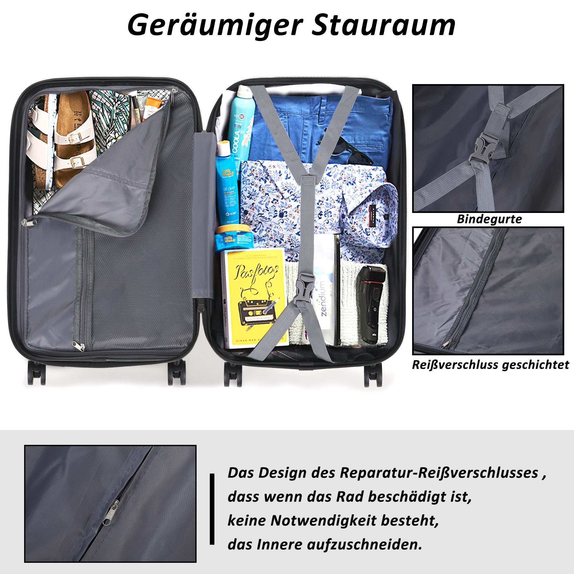 TAN.TOMI Kofferset 3-Tlg ABS Kofferset Rollkoffer Reisekoffer Handgepäckkoffer, 4 Rollen, Leichter Robuster Rollkoffer 360° 4 Rollen und Zahlenschloss