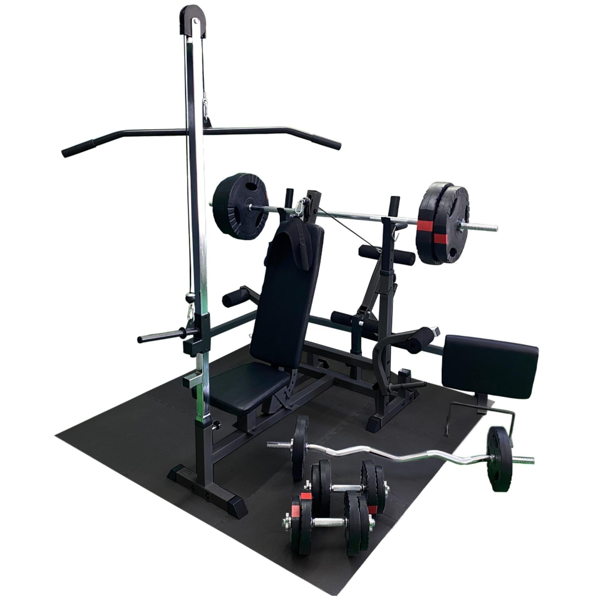 GORILLA SPORTS Kraftstation Hantelbank mit verstellbare Hantelablage, Beincurler, 100 kg Hantelset