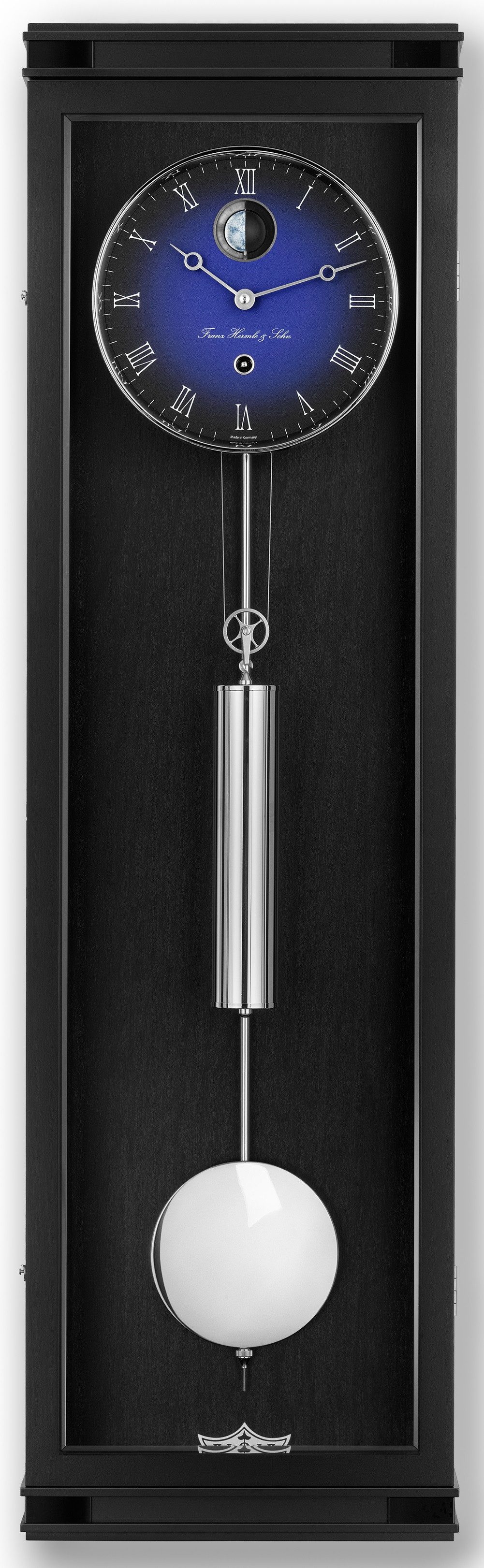 Hermle Pendelwanduhr Monatsläufer 71012/13 schwarz mechanisches Manufaktur Uhrwerk 0761 (dreidimensionale, handbemalte Mondphase)