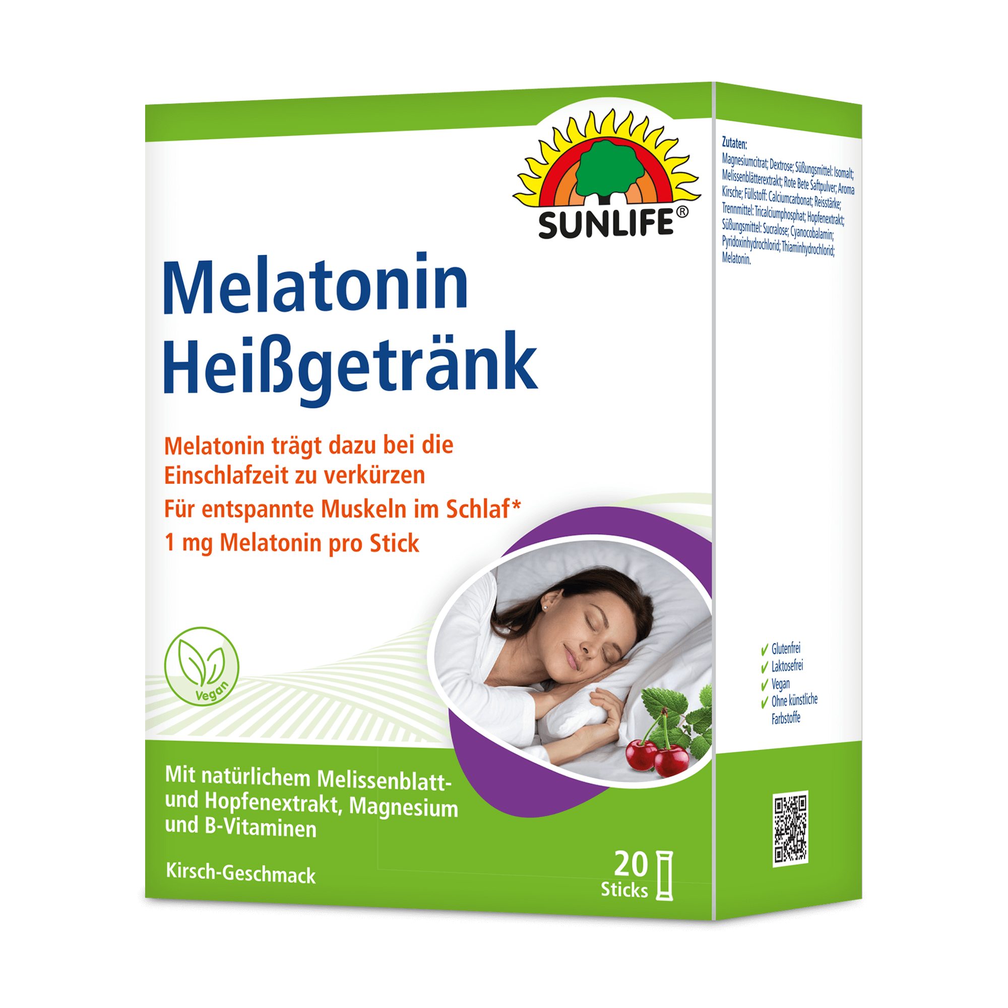 SUNLIFE® Melatonin Heißgetränk Kirschgeschmack zum Einschlafen Vor dem Schlafengehen den Inahlt eines Sticks mit 150 ml heißem oder kaltem Wasser übergießen, umrühren und trinken