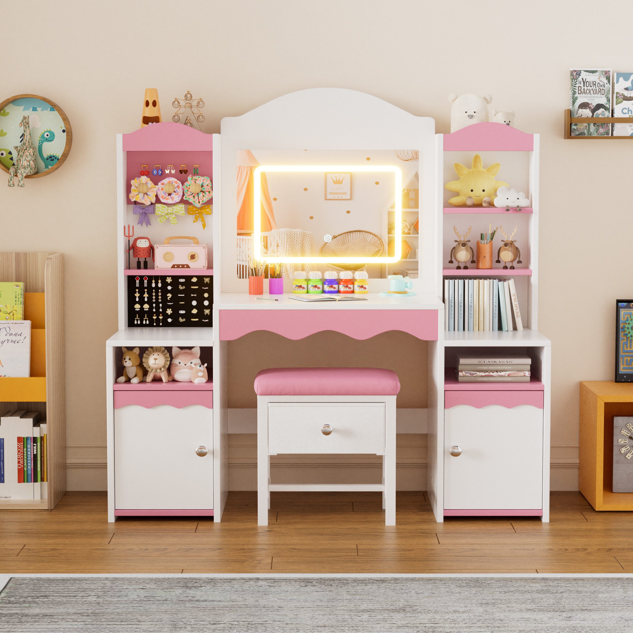TWSOUL Schminktisch 2-in-1 Kinder Schminktisch Set mit Hocker, LED-Spiegel, Stauraum, Regalen & Schmuckhalter – Prinzessin Make-up Tisch