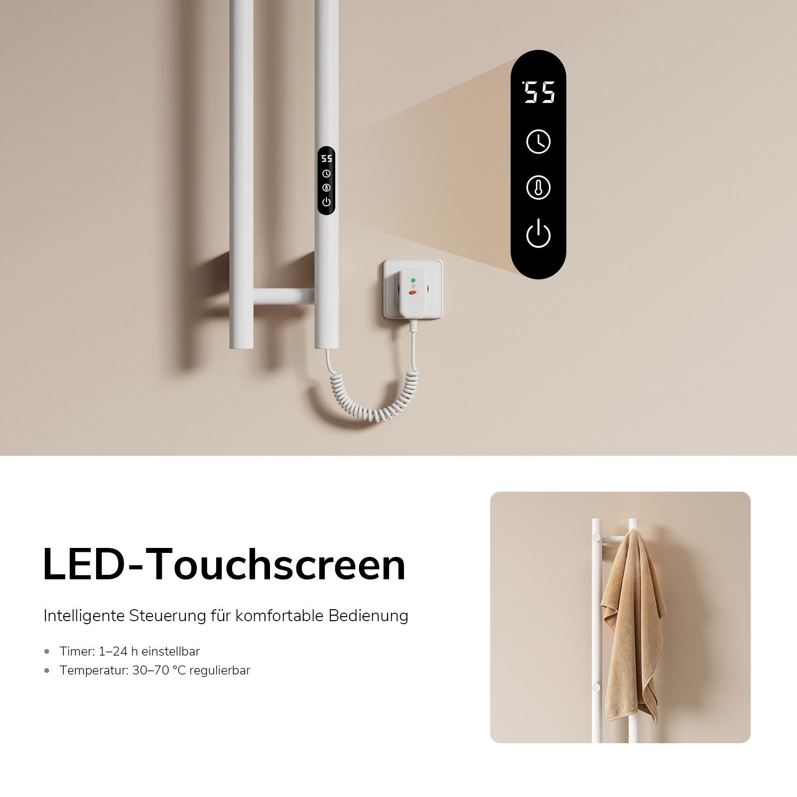 EMKE Badheizkörper Design-Handtuchheizkörper mit Smart-, WLAN- und App-Steuerung, Elektrischer Handtuchwärmer 145W LED-Display Thermostat Timer 120 cm