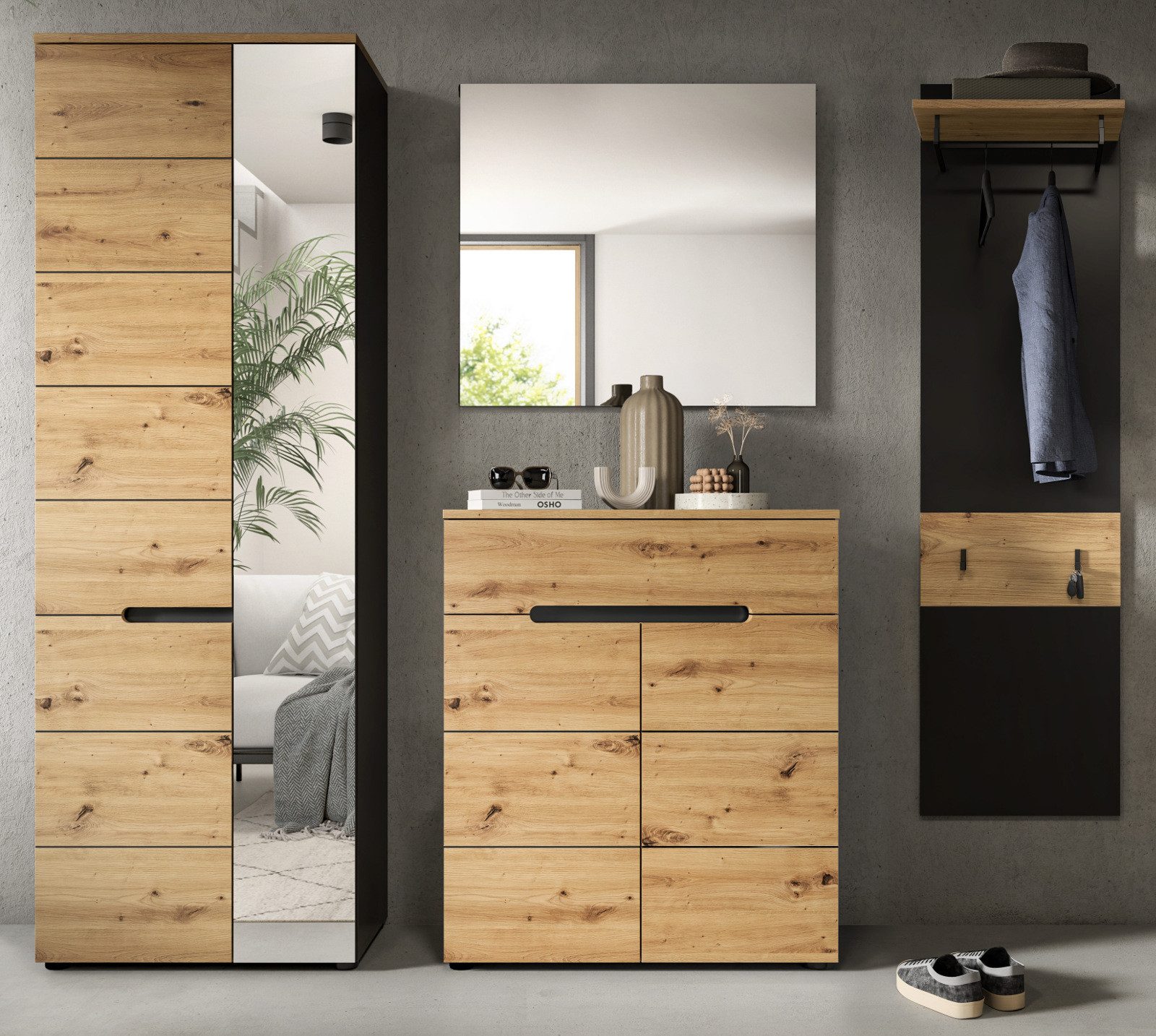 Inn.Furn Garderoben-Set Cooper, (Komplett-Set in Eiche Artisan und Basalt Grau, 4-teilig, 220 x 190 cm), variabel einrichtbar, Soft-Close-Funktion