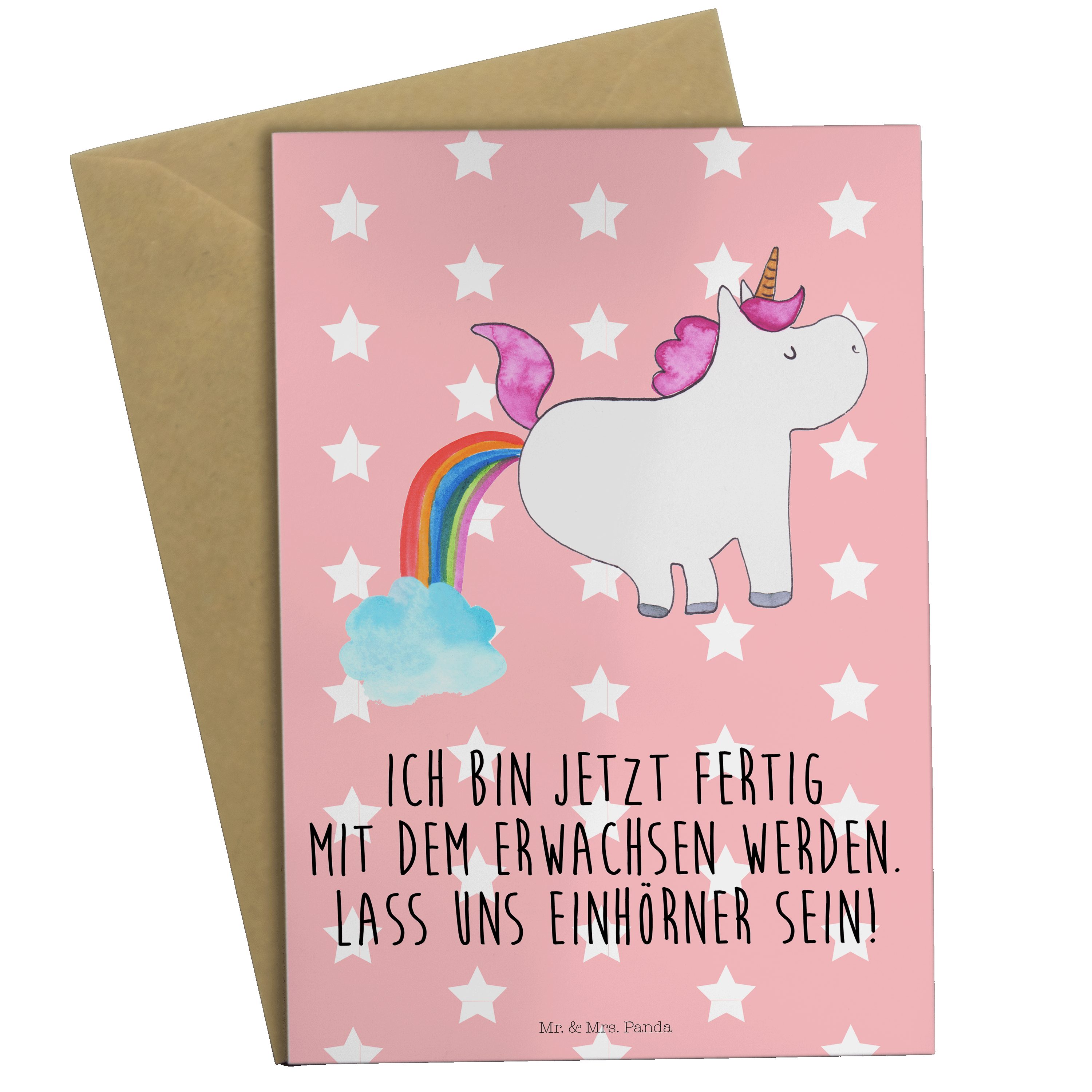 Mr. & Mrs. Panda Grußkarte Einhorn Pupsend - Rot Pastell - Geschenk, Glückwunschkarte, Klappkart