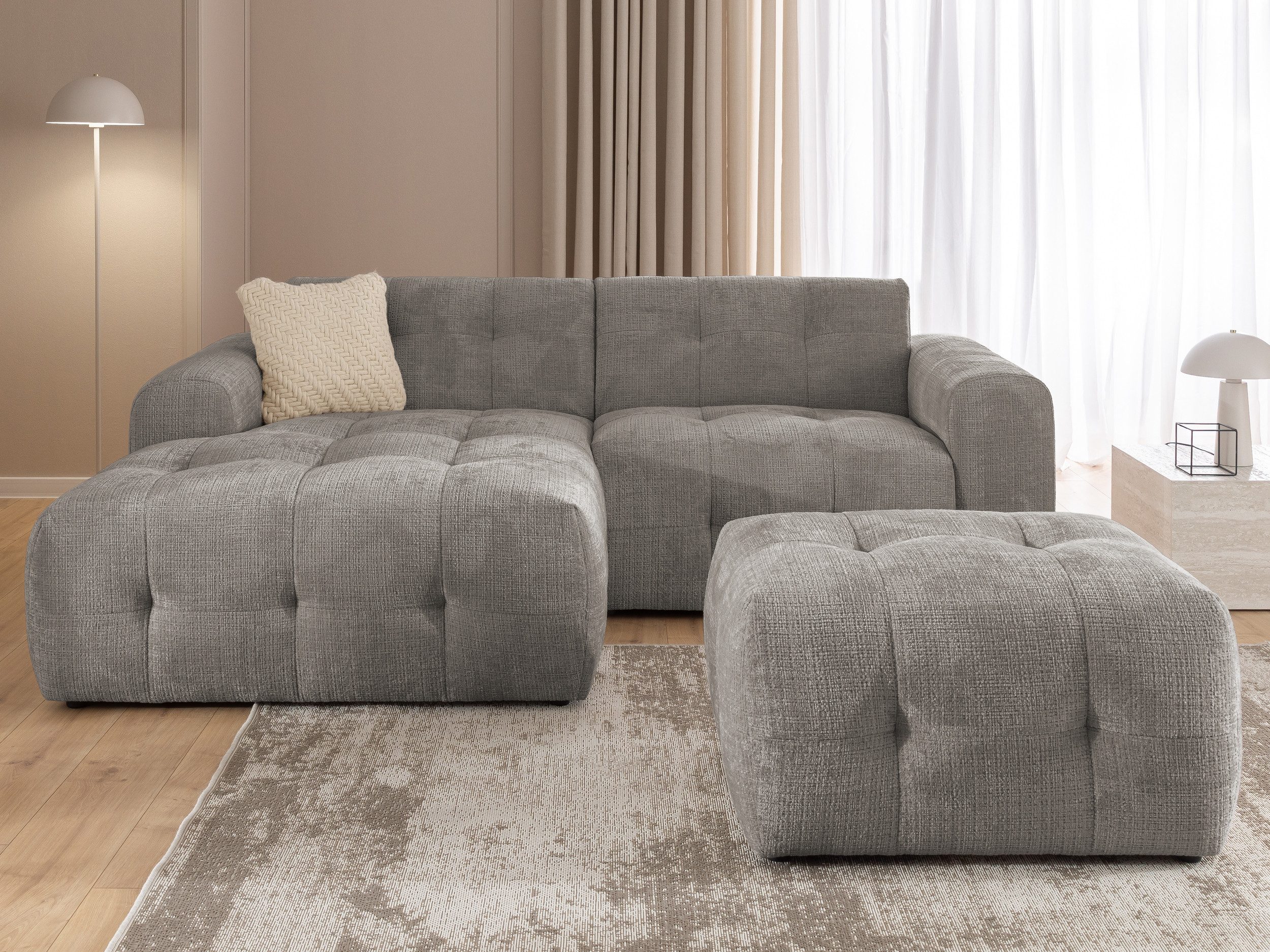 S-Style Möbel Ecksofa und Hocker Kozy Bumpy Design mit Schlaffunktion & fester Rückenlehne, aus weichem Chenille-Stoff, mit Wellenfederung