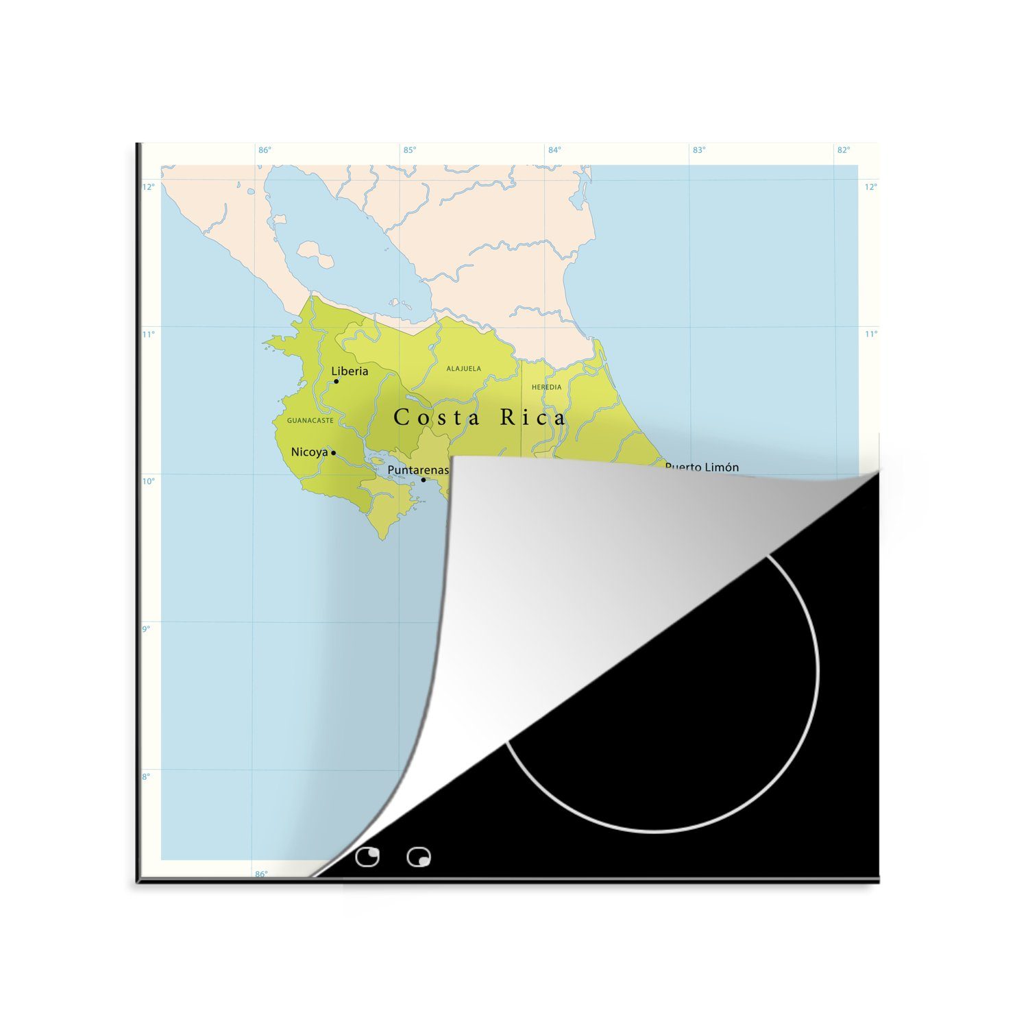 MuchoWow Herdblende-/Abdeckplatte Illustration einer Landkarte mit Costa Rica in grün, Vinyl, (1 tlg), 78x78 cm, Ceranfeldabdeckung, Arbeitsplatte für küche