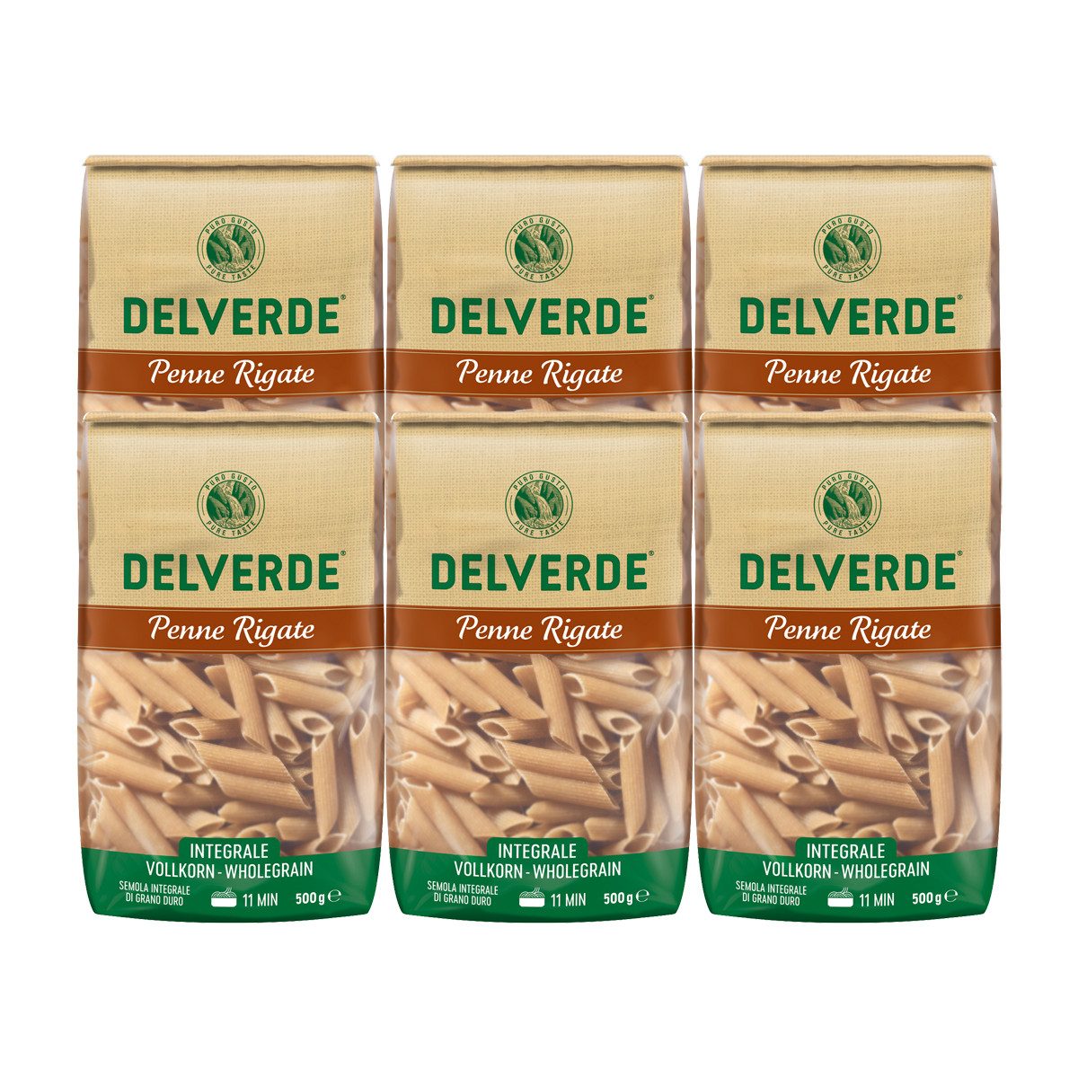DELVERDE Nudeln, Delverde Vollkorn Penne Rigate Integrale Vollkorn Nudeln 500g 6er Pack