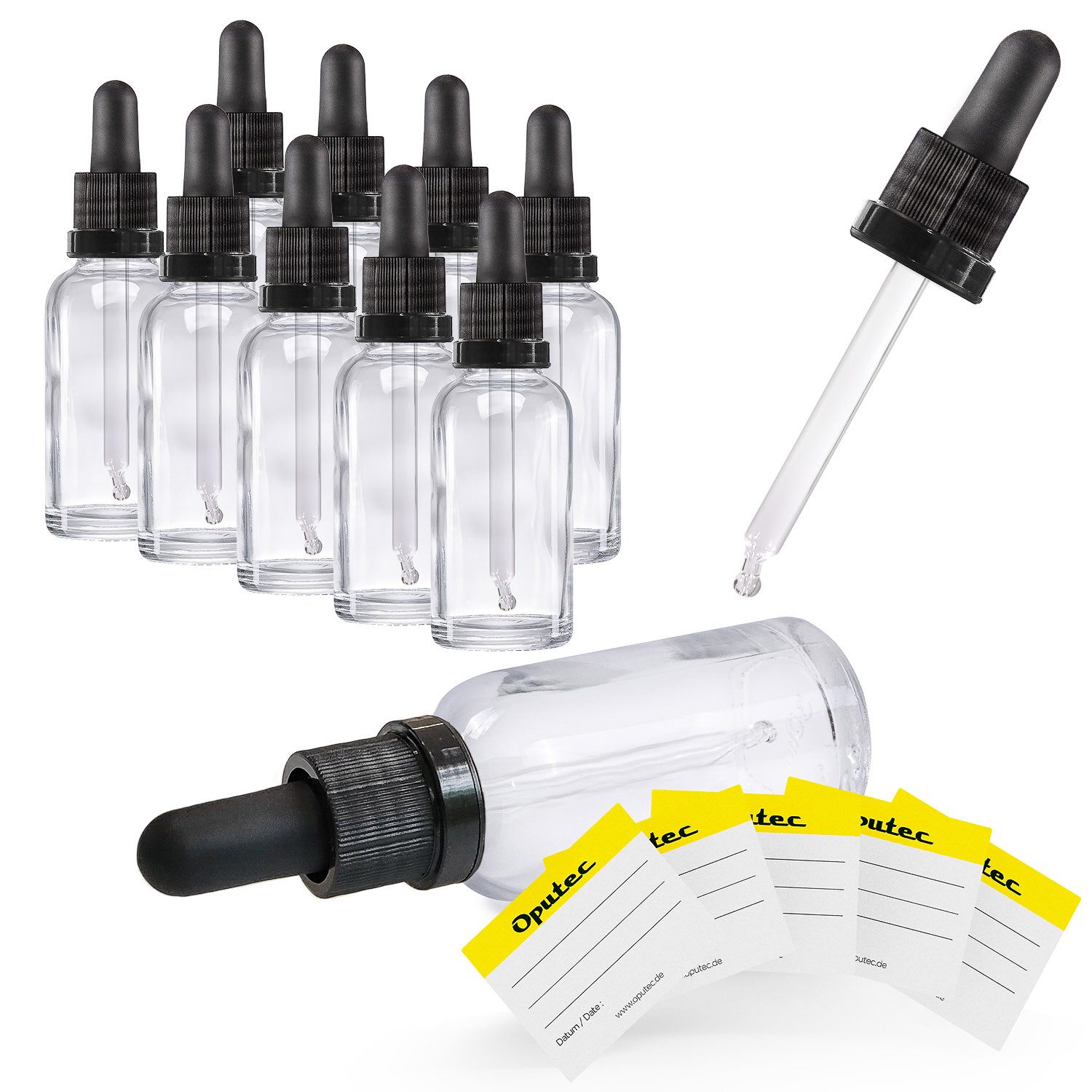Oputec Pipettenflasche 10x 30ml Klarglas-Tropfflaschen mit Glaskugel - Pipette + 10 Etiketten (Sparset, 10 x 30ml)