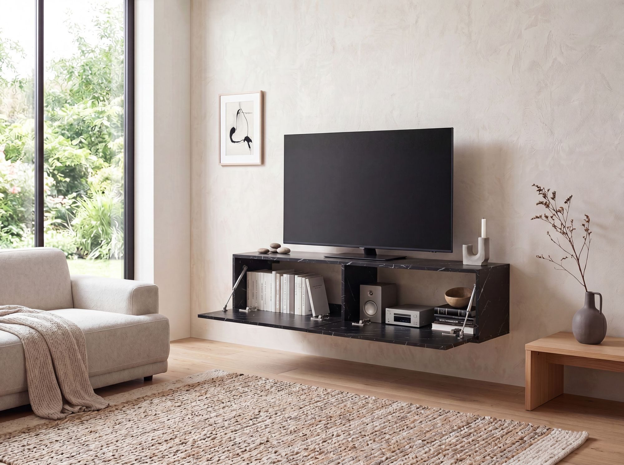 FINEBUY Lowboard FB58626 TV Schrank Hängend 120 cm Marmor-Optik TV-Kommode Klapptür (Marmor-Optik Schwarz 120x30x30 cm mit zwei Türen), TV-Kommode Hoch, TV-Schrank Modern, Fernsehtisch