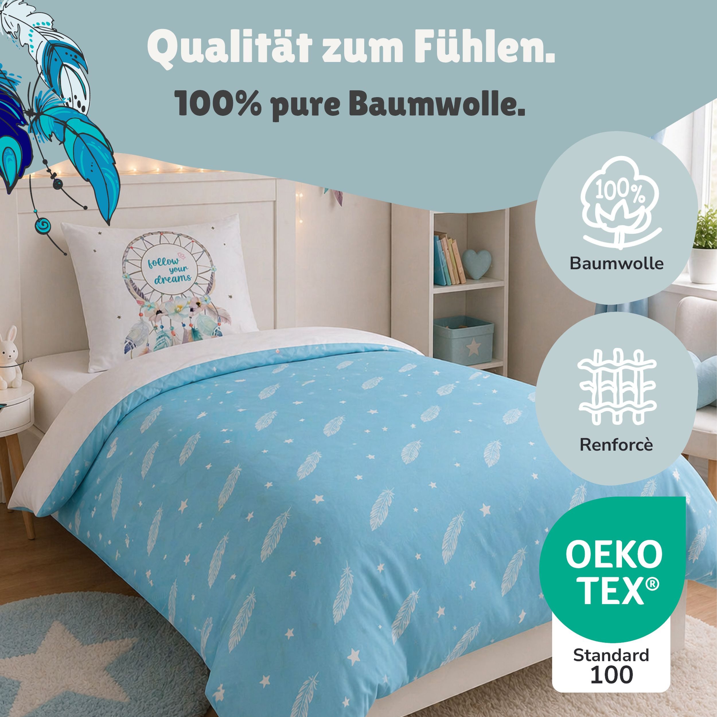 Familando Bettwäsche Dreamcatcher Traumfänger 135x200 80x80cm 100% Baumwolle Reißveschluss, Renforcé, 2 teilig, für Kinder und Erwachsene im Bohemian Boho Style Türkisblau