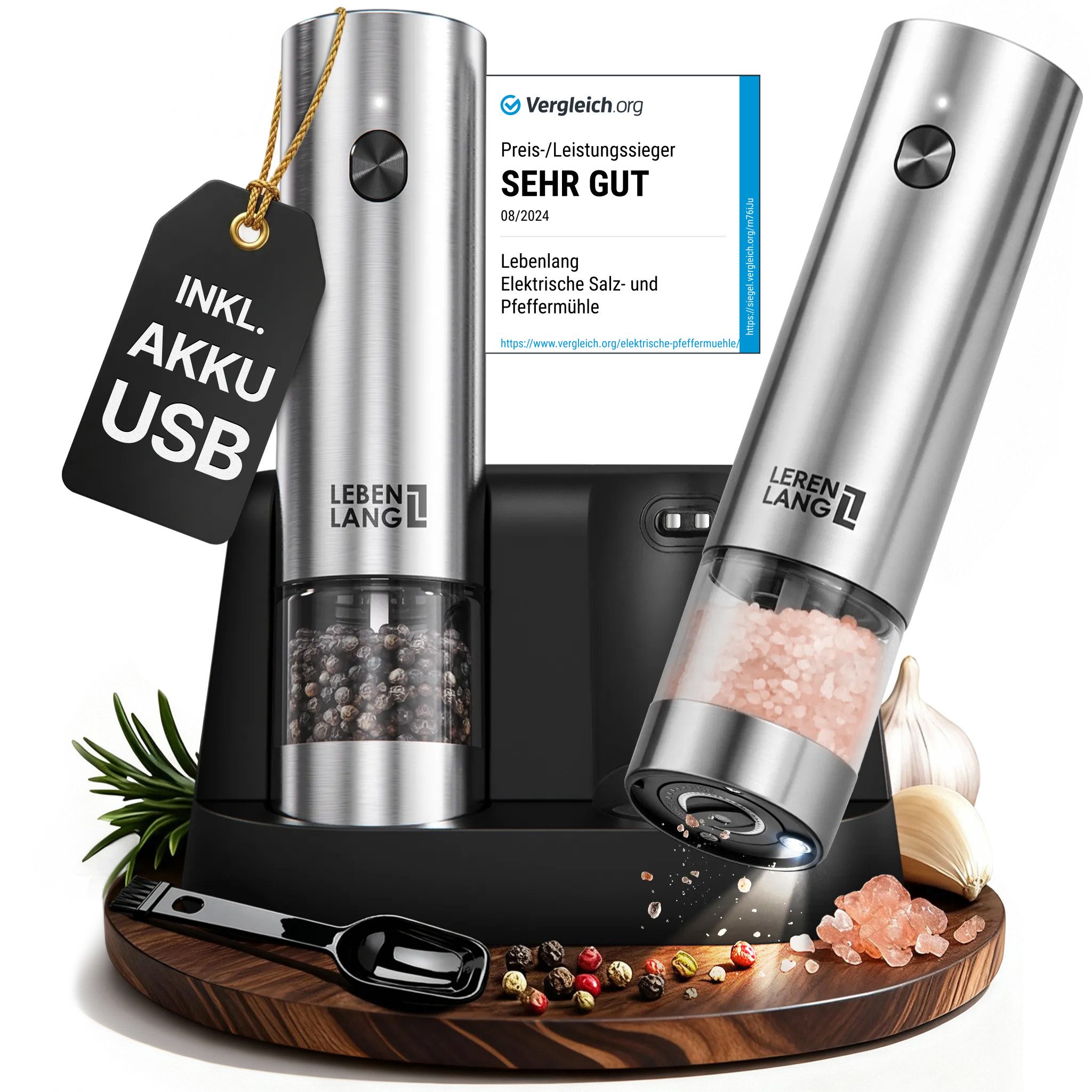 Lebenlang Salz-/Pfeffermühle Salz und Pfeffermühle Elektrisch -, Integrierte LED-Beleuchtung, Wiederaufladbar & Viel Zubehör