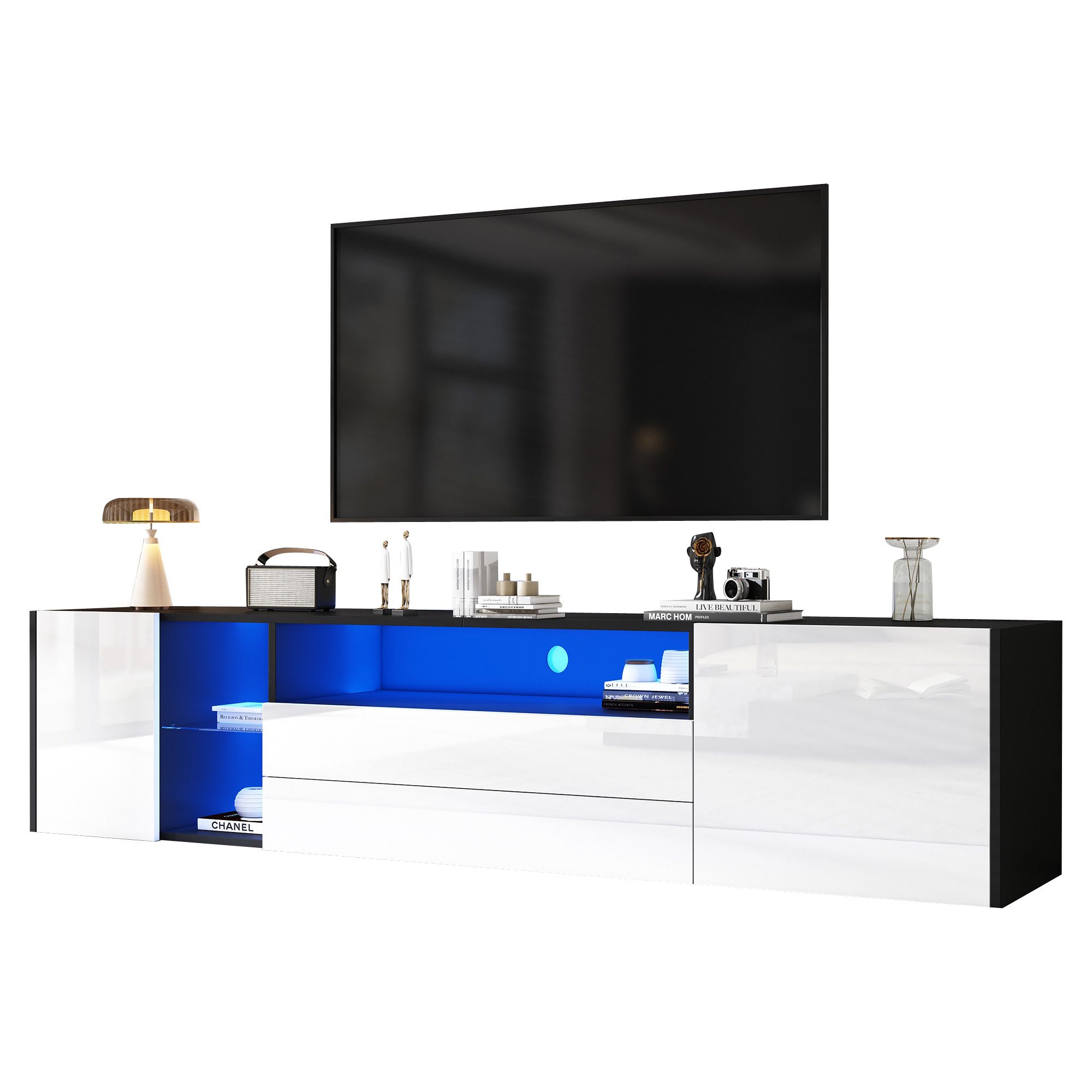 BlingBin Lowboard TV-Standschrank, TV-Schrank mit 2 Schubladen und 2 Schränken (Hochglanz-LED-Lowboard, 1 St., 180 x 40 x 45 cm), TV-Ständer für 75-Zoll-Fernseher, schwarz-weißer Spleiß-TV-Schrank