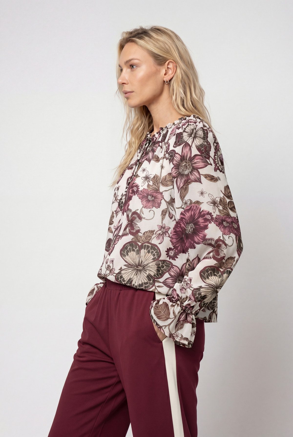 Monari Langarmbluse Bluse Blume allover Regular fit mit Raffungen