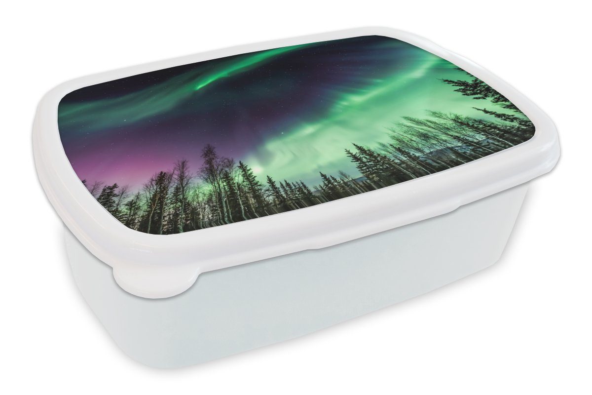 MuchoWow Lunchbox Nordlichter - Nadelbaum - Alaska, Kunststoff, (2-tlg), Brotbox für Kinder und Erwachsene, Brotdose, für Jungs und Mädchen weiß
