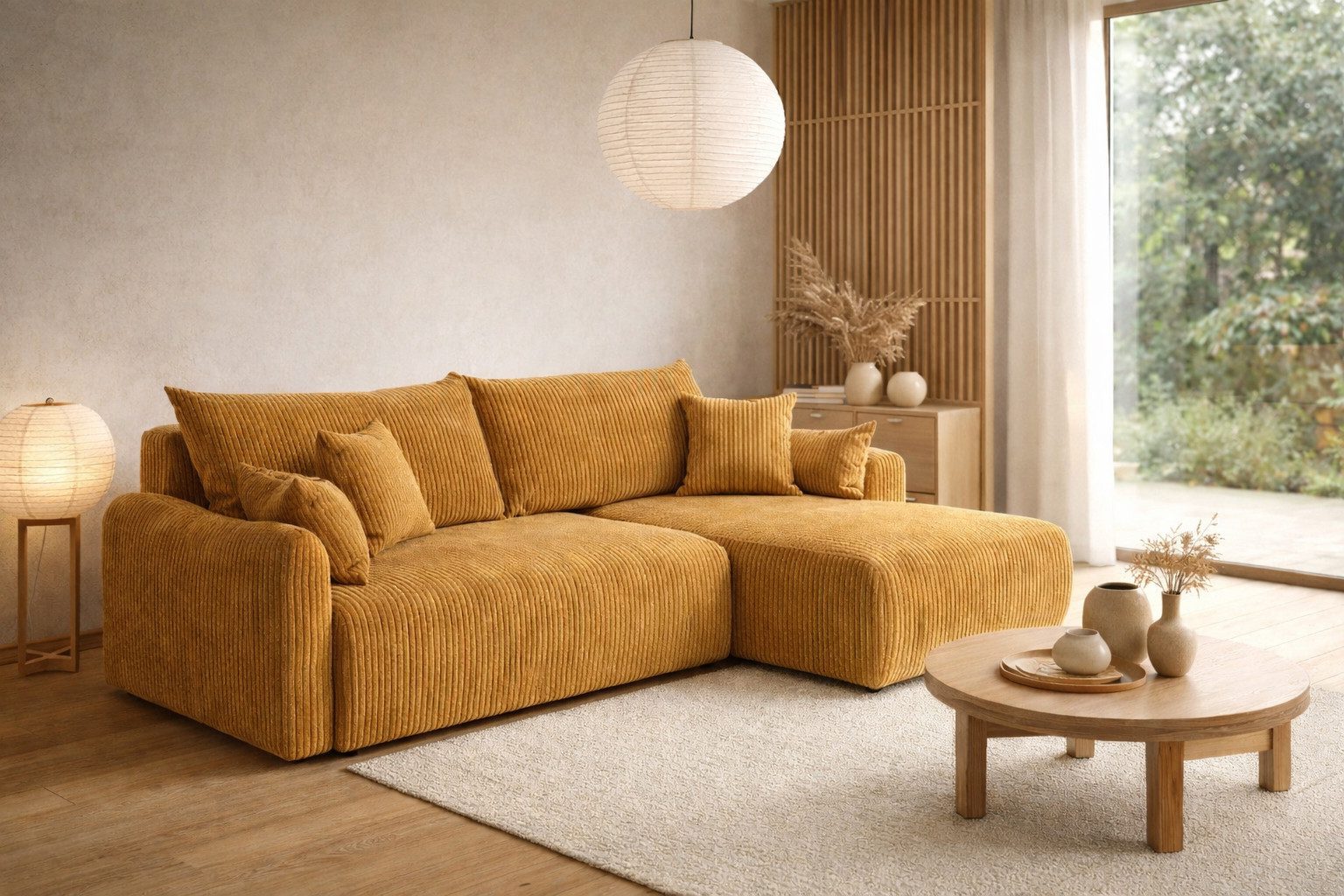 Kaiser Möbel Ecksofa mit Schlaffunktion für Wohnzimmer, Cordstoff Poso, JAPANDI, Japandi-Stil, Abgerundete Form, Große Liegefläche