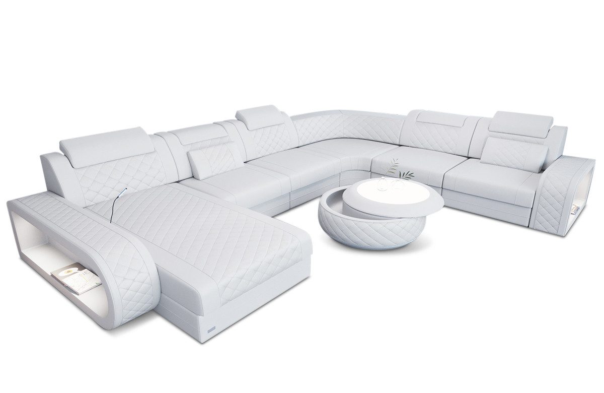 Sofa Dreams Wohnlandschaft Ledersofa Berlin XXL U Form Mini Designersofa, 6-Sitzer, Ottomane, freie Farbwahl, LED, USB