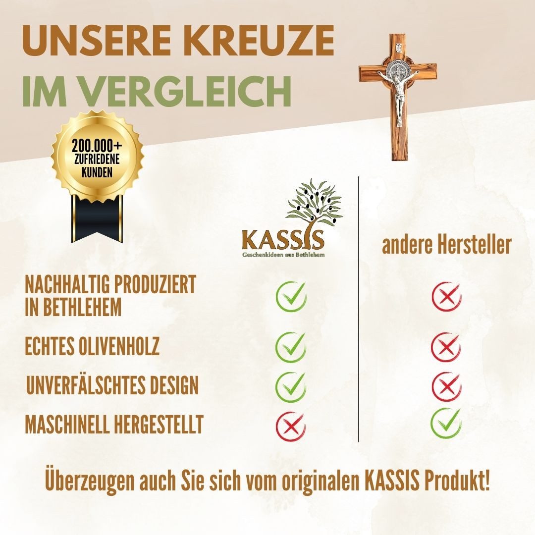 Kassis Geschenkartikel Wanddekoobjekt St. Benedikt Kreuz zum Aufhängen Wandkreuz Kruzifix aus Olivenholz, handgefertigt in Bethlehem, Geschenk zu religiösen Anl – Bild 4 von 5