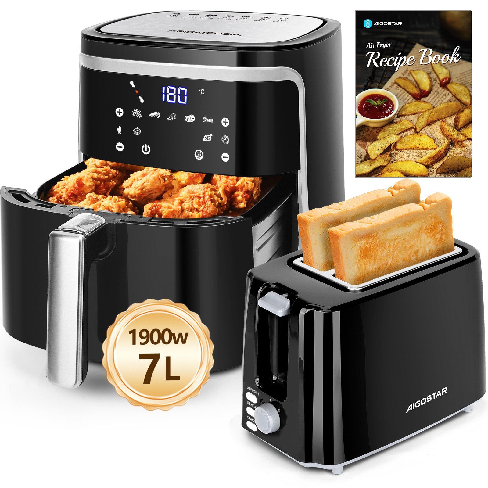 Aigostar Frühstücks-Set Heißluftfritteuse 7L 1900W + 2-Scheiben Langschlitz Toaster, Schwarz, 7 Programmen, Warmhalten, 20 Rezepte, 7 Einstellbare Bräunungsstufe