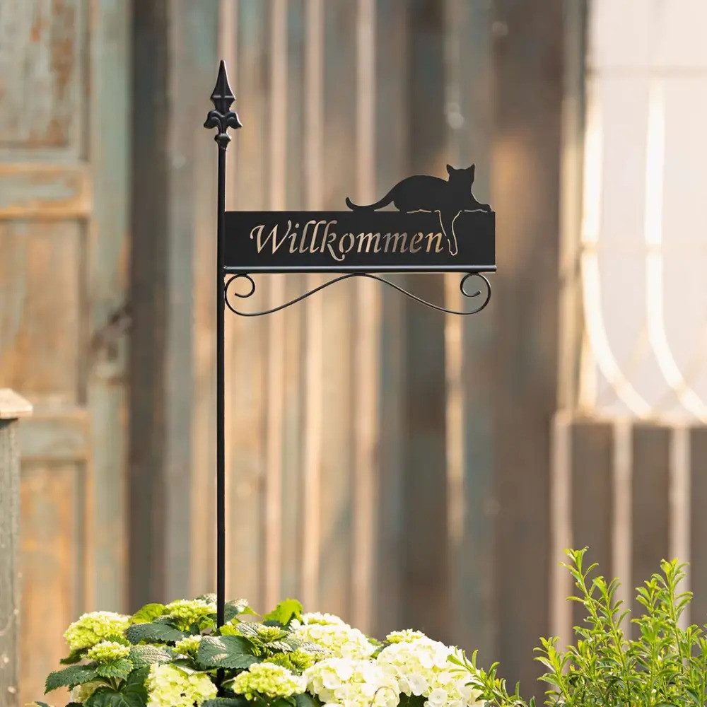 Decpero Gartenstecker „WILLKOMMEN“ Mit Edelstahlkugel – Schwarze Metall-Stele Für Eingang & Beet