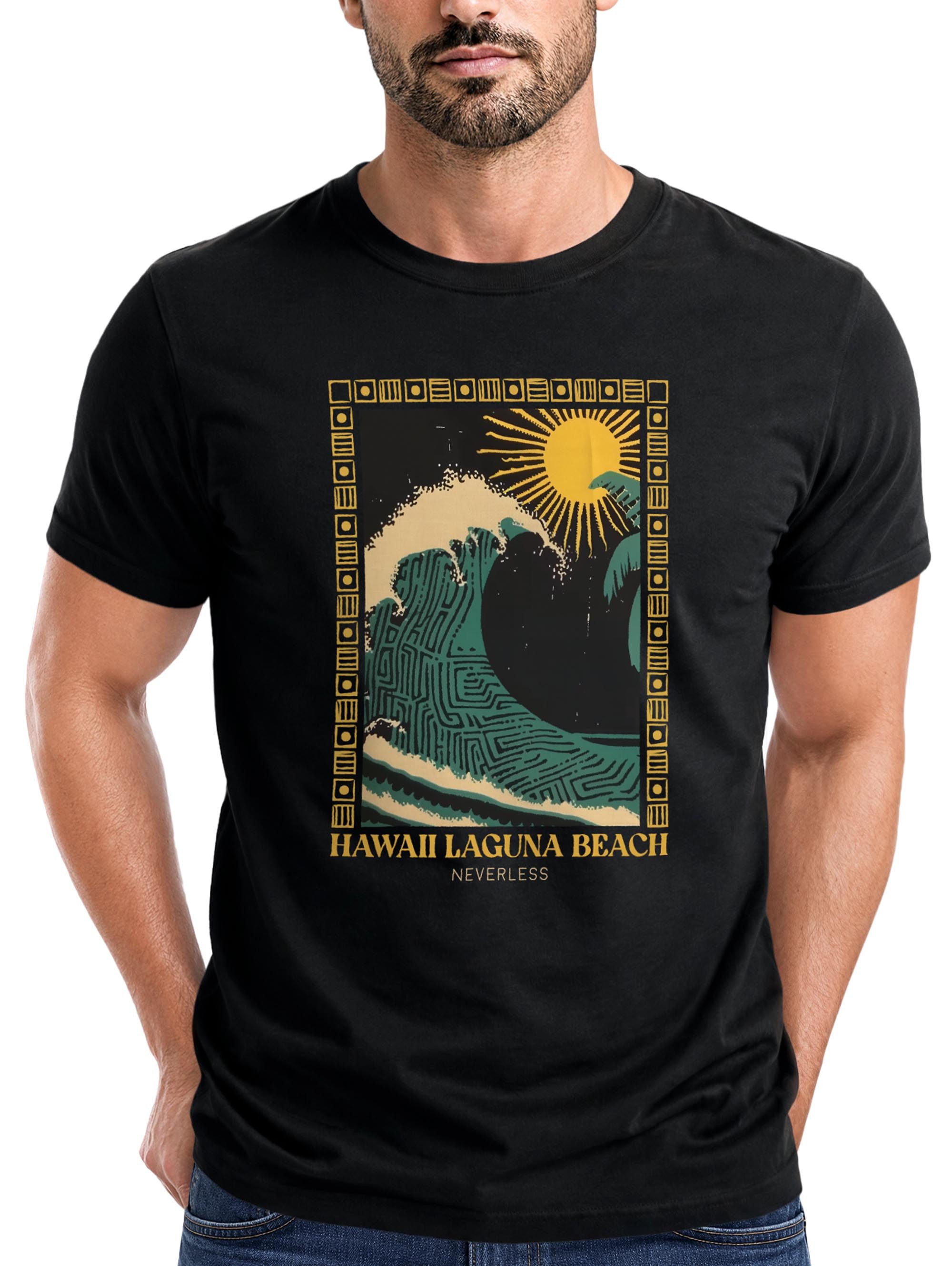 Print-Shirt Herren T-Shirt mit Print Aufdruck Surfing Welle Big Wave Hawaii