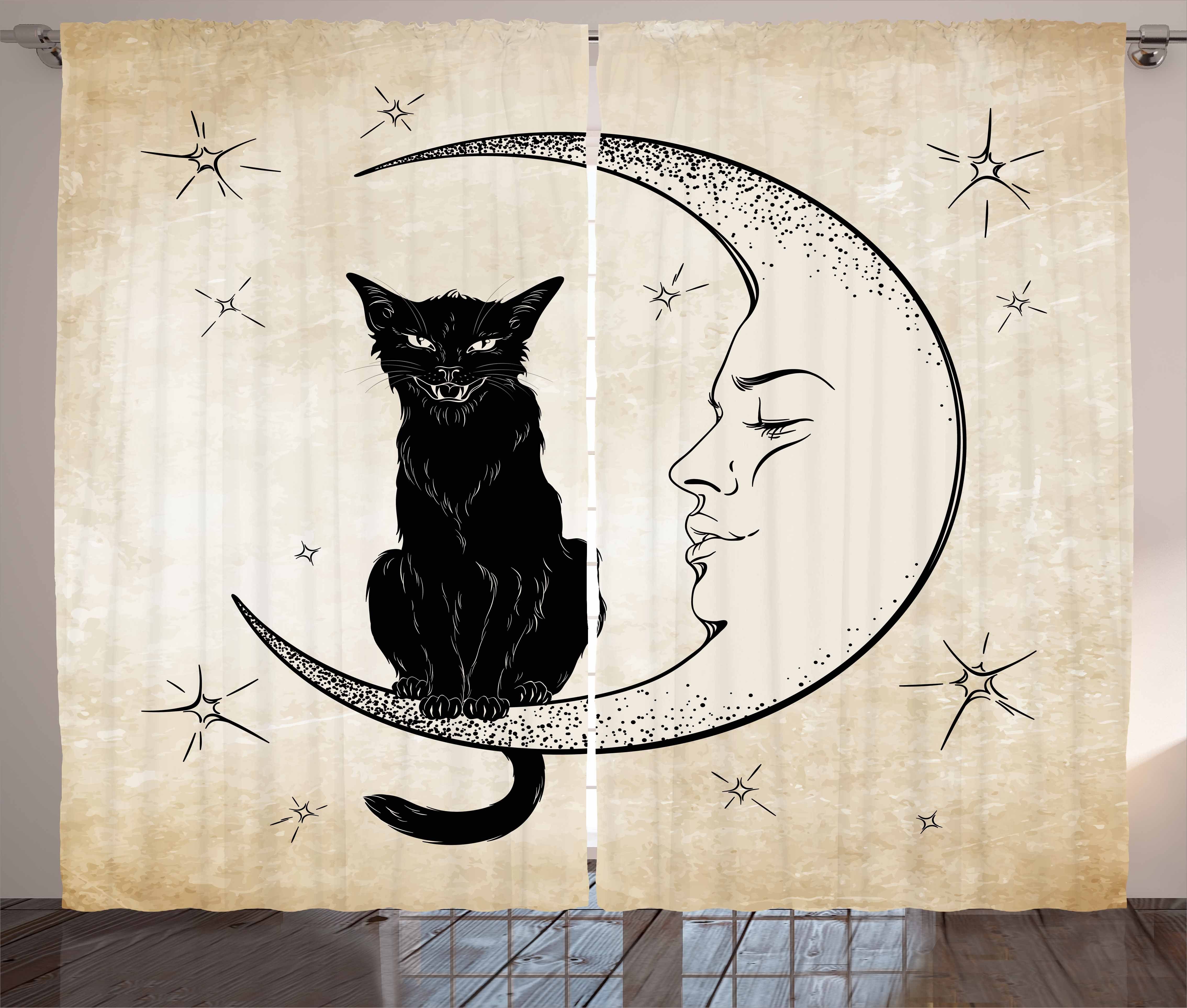 mit Cat und Siting Schlaufen Mond Schlafzimmer Gardine Vorhang auf Black Kräuselband Abakuhaus, Haken, Mond
