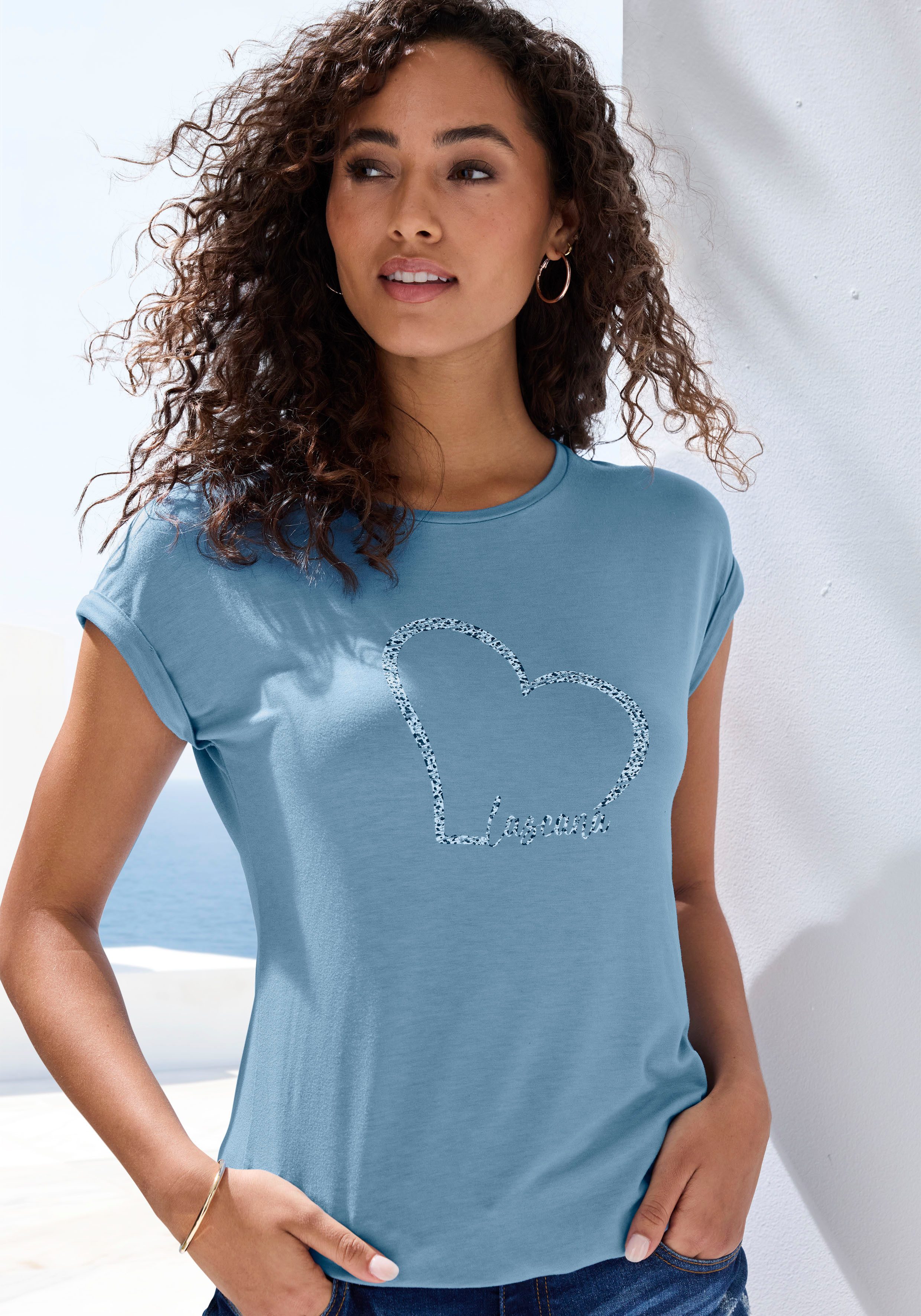 LASCANA Kurzarmshirt "mit Lascana Herz Print" aus weichem Viskose-Stretch günstig online kaufen