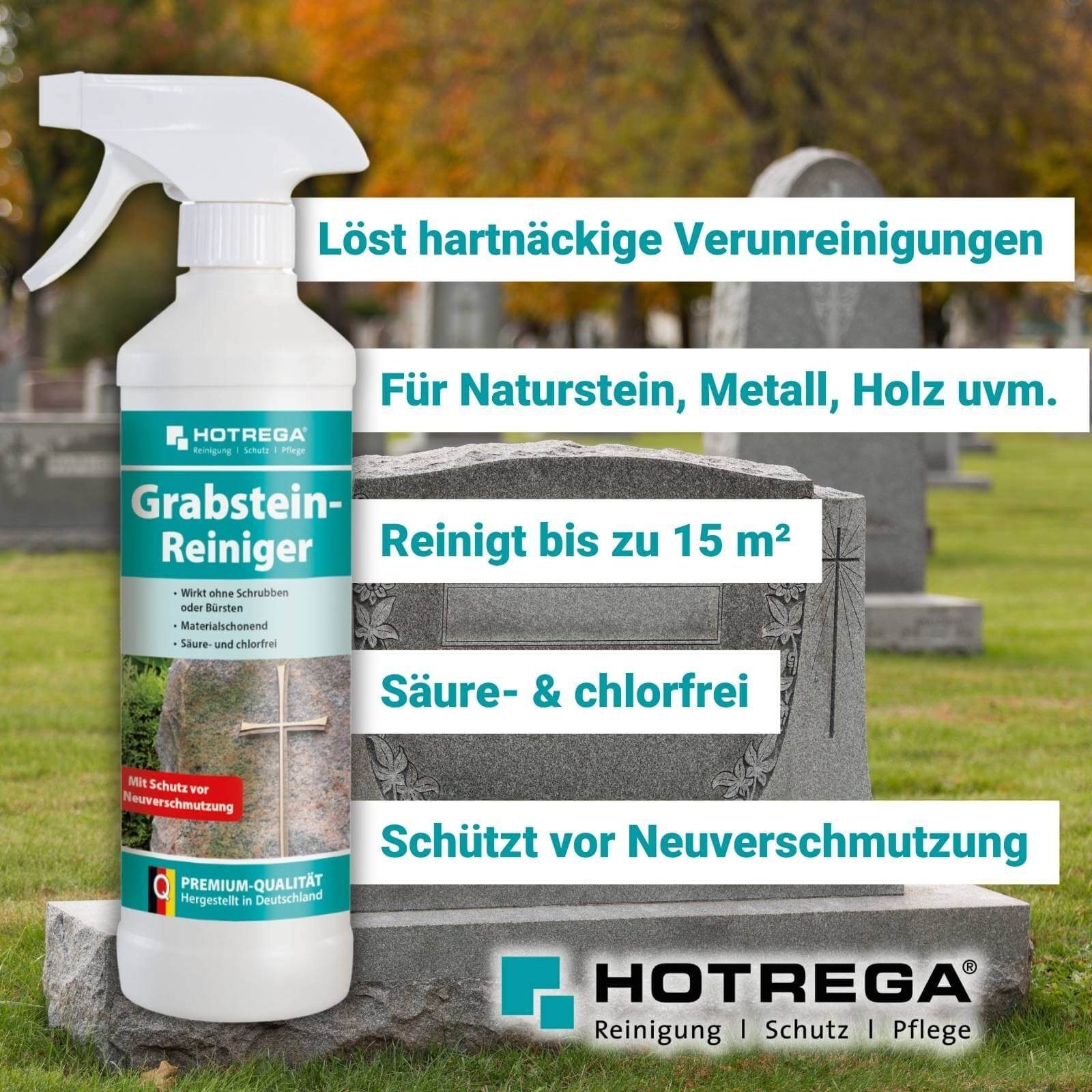 HOTREGA® Grabstein Reiniger Steinreiniger Grünbelagentferner Grabreiniger 500ml Grünbelagentferner