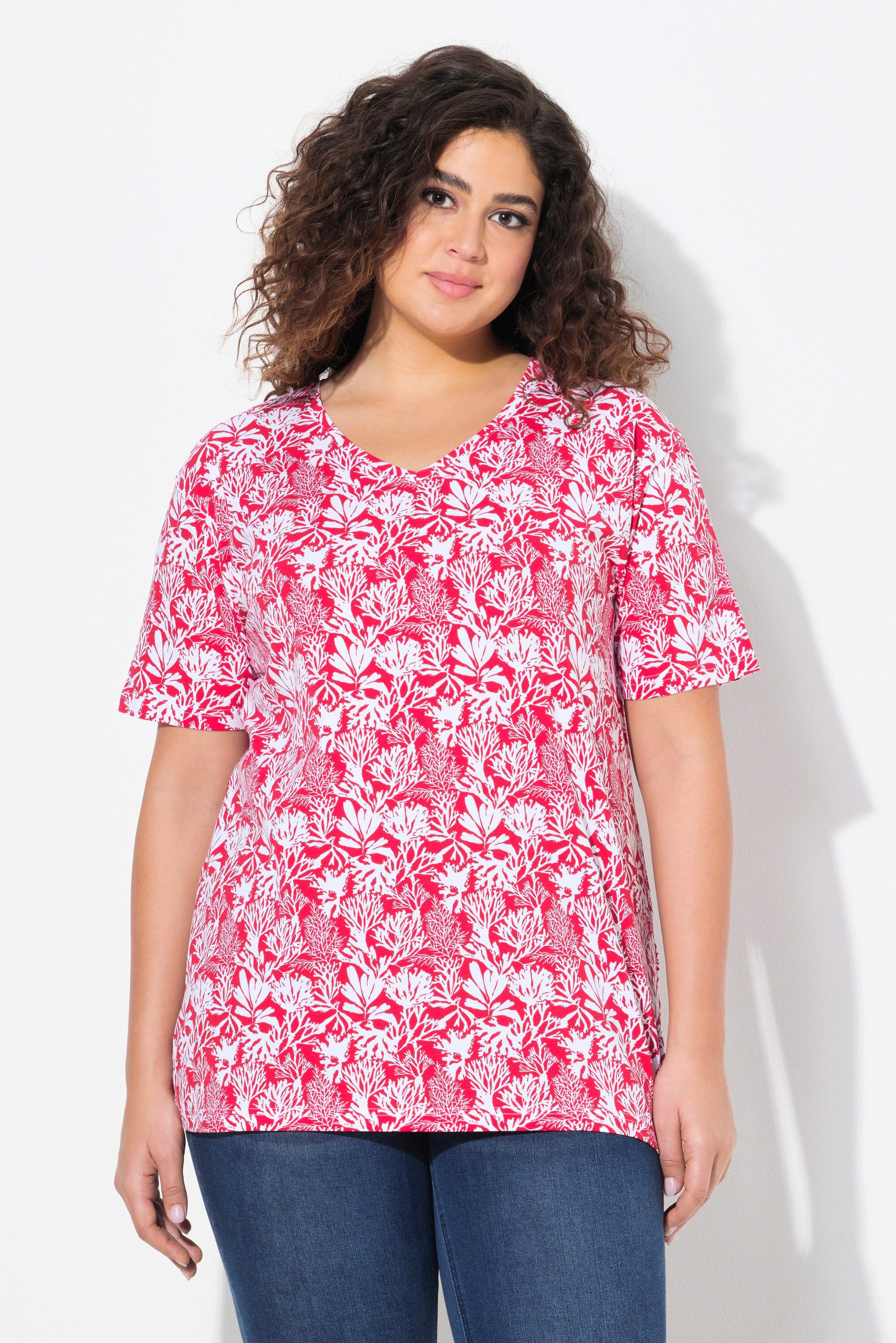 Ulla Popken T-Shirt T-Shirt floraler Druck A-Linie V-Ausschnitt günstig online kaufen