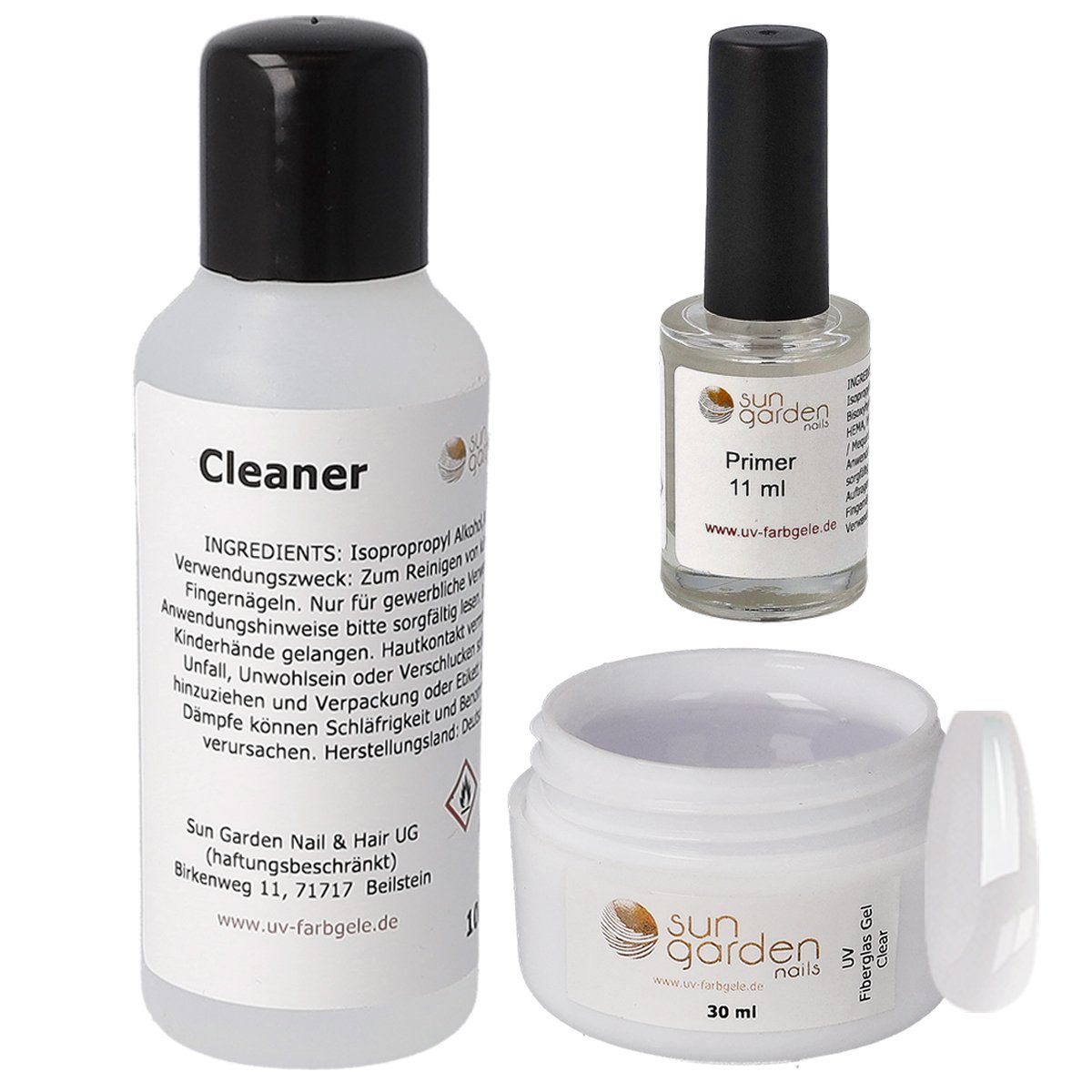 Sun Garden Nails Nagellack-Set Nailset mit Fiberglas Gel klar 30ml-Primer-Cleaner 100ml