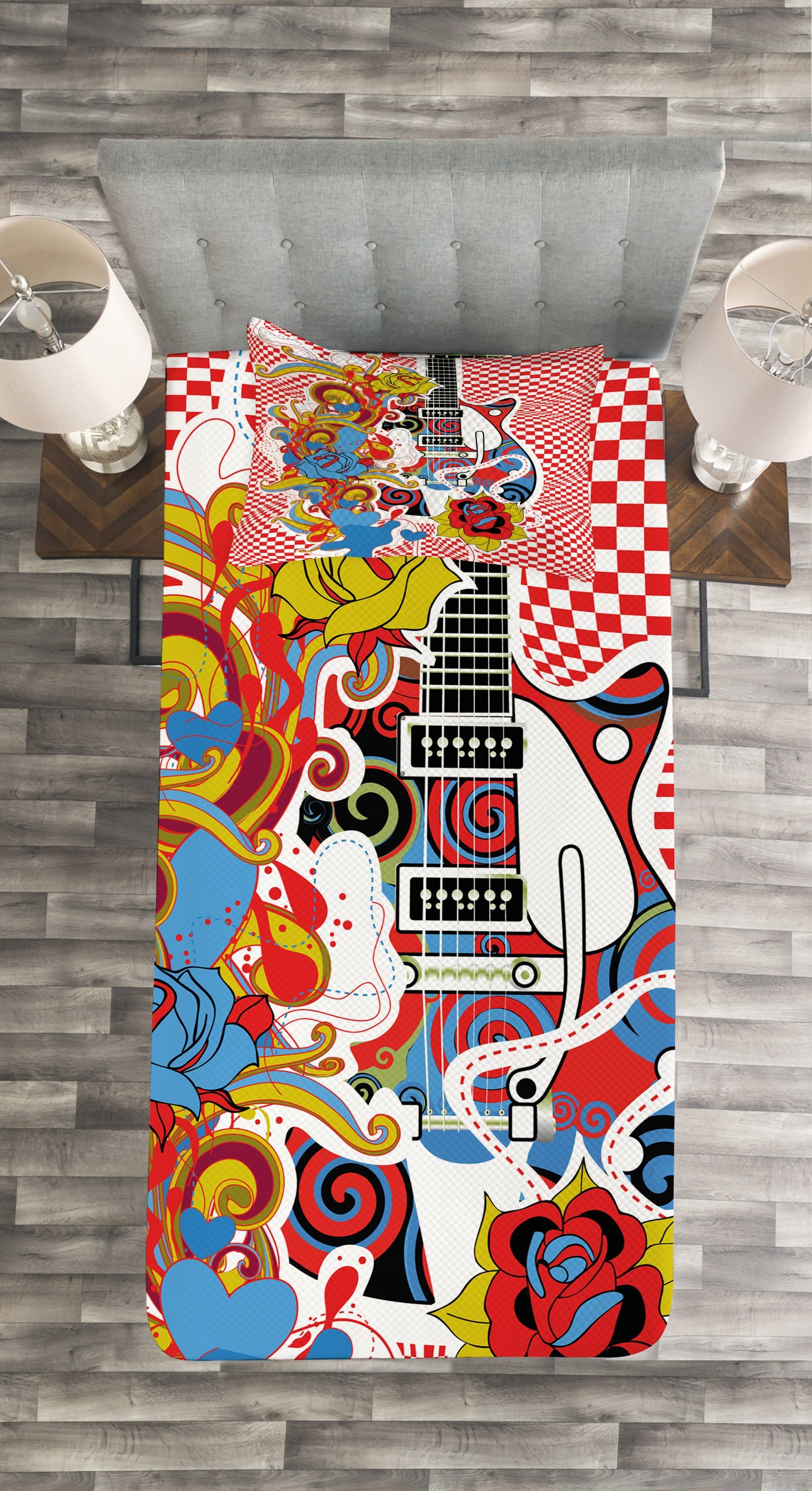 60er Rockmusik Tagesdecke Set Gitarre mit Kissenbezügen inspirierte Abakuhaus, Waschbar,