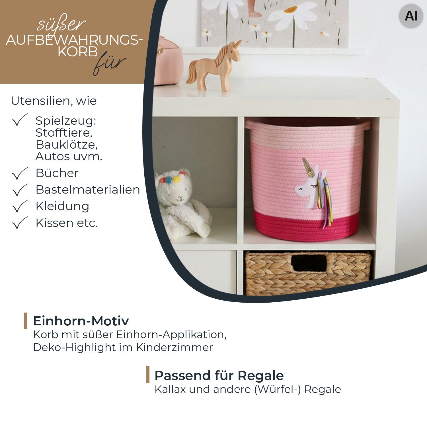 HMF Aufbewahrungskorb Aufbewahrungskorb mit verlängerten Griffen, runder Korb, Baumwolle für Kinderzimmer oder Babyzimmer, Einhorn, 30,5 x 30,5 cm – Bild 3 von 5
