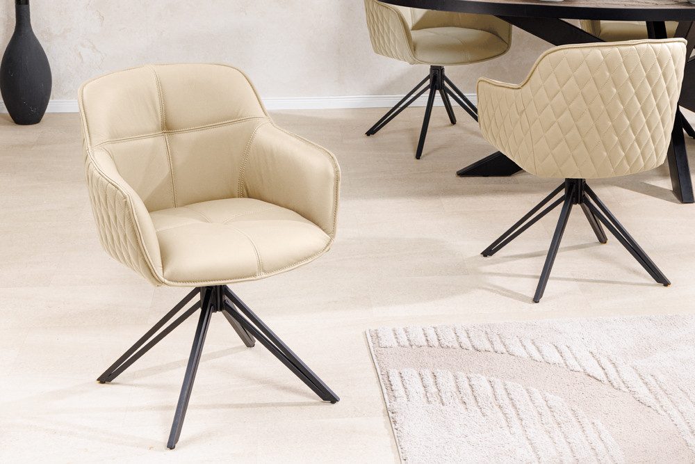 riess-ambiente Polsterstuhl EUPHORIA beige/schwarz – Echtleder, drehbar, Metall-Füße, mit Armlehne (Einzelartikel, 1 St), mit 180° Drehfunktion und Autoreturn – ideal für elegante Esszimmer