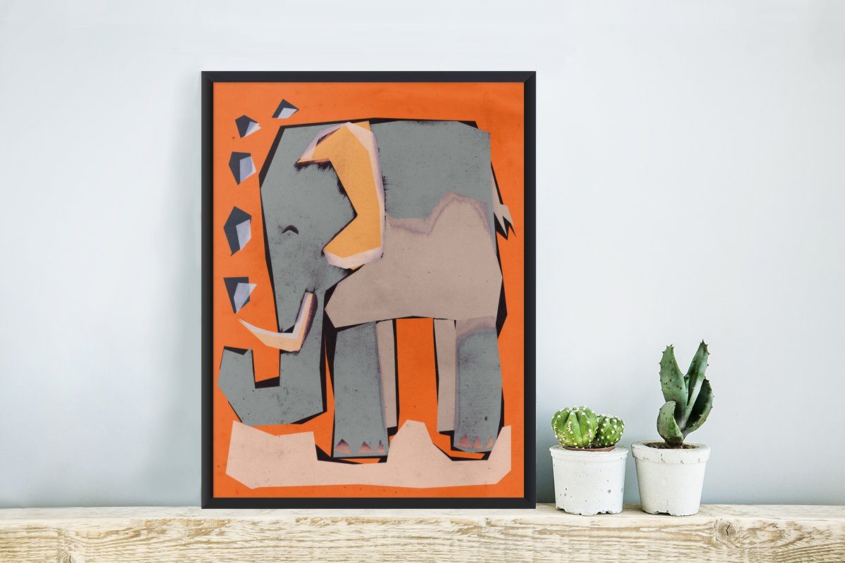Bilderrahmen Schwarzem Rahmen, Elefant - Kinder - St), (1 Pastell Tiere, Kunstdruck, - MuchoWow Gerahmtes Poster - Poster, mit Orange