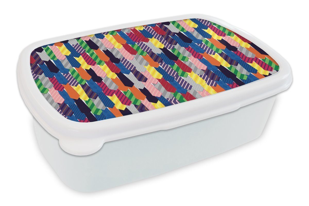 MuchoWow Lunchbox Krawatte - Regenbogen - Muster, Kunststoff, (2-tlg), Brotbox für Kinder und Erwachsene, Brotdose, für Jungs und Mädchen weiß