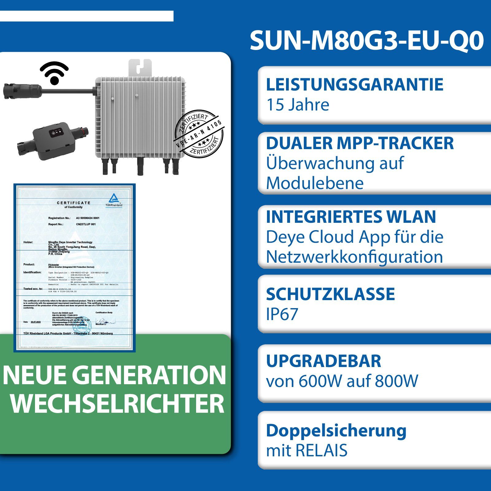 Generation Eckig, Neu Komplettset Wechselrichter Solaranlage mit 800W Deye EPP.Solar 800W Balkonkraftwerk Relais Balkongeländer WIFI