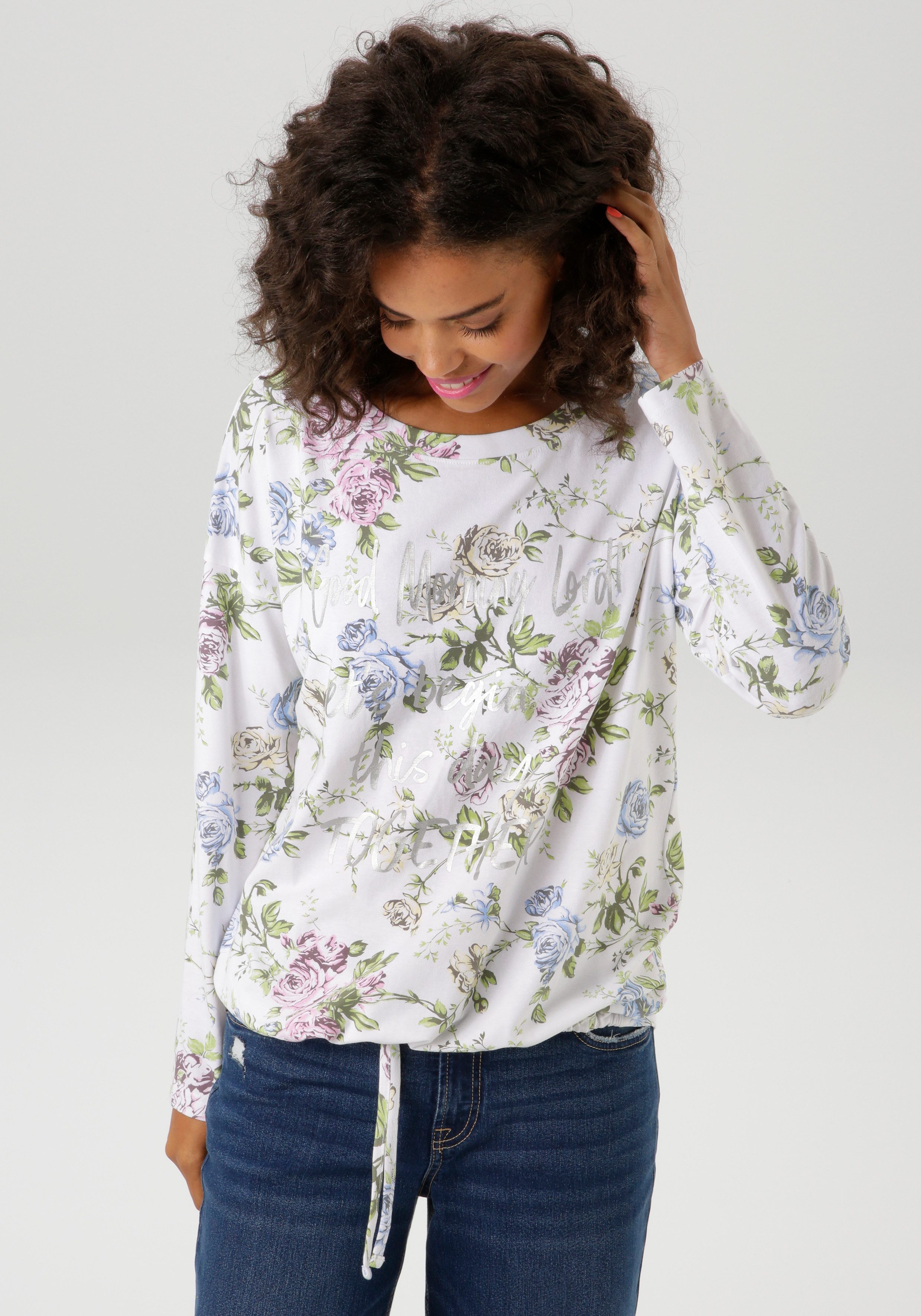 Aniston CASUAL Langarmshirt mit silberfarbenen Schriftzug günstig online kaufen