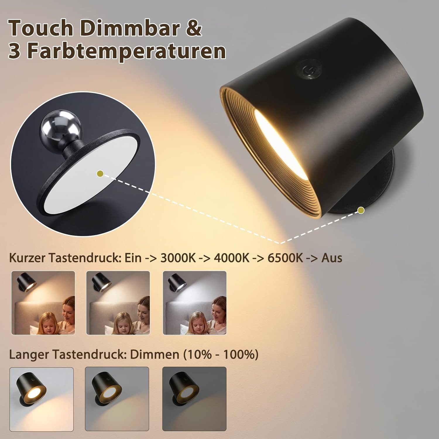 ZMH LED Wandleuchte Leselampe Schwarz Akku 360° Drehbar Touch Control 3 Helligkeitsstufen, Mit Fernbedienung Augenschutz, LED fest integriert, 3000-6500K, USB-Ladefunktion, Wohnzimmer