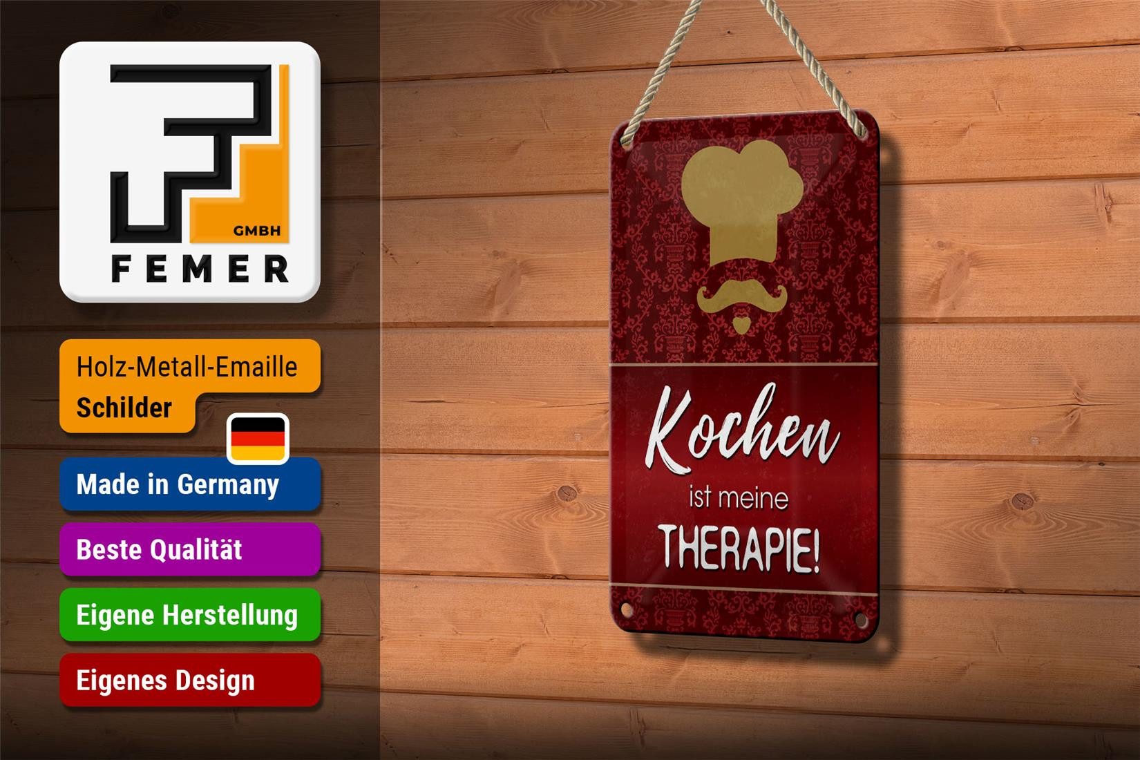 Femer GmbH Metallschild Spruch 12x18cm Kochen ist meine Therapie, (1 St), gewölbte Oberfläche, abgerundete Ecken, umgeschlagene Kanten