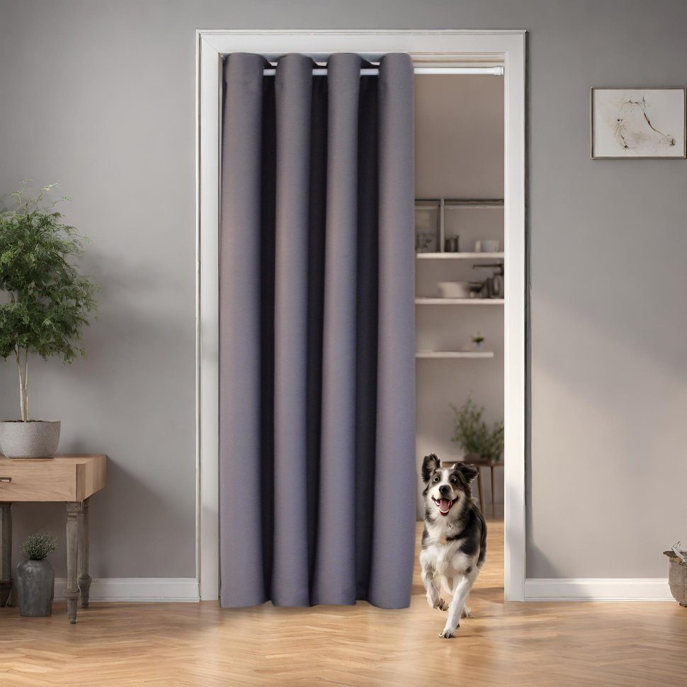 Türvorhang mit Stange weiß 70-120 cm Thermo Vorhang ohne Bohren, blickdicht, tinycurtains, Ösen, verdunkelnd, Polyester, grau Nebula, Türgardine mit Klemmstange Raumtrenner Vorhang Tür Grau (Nebula)