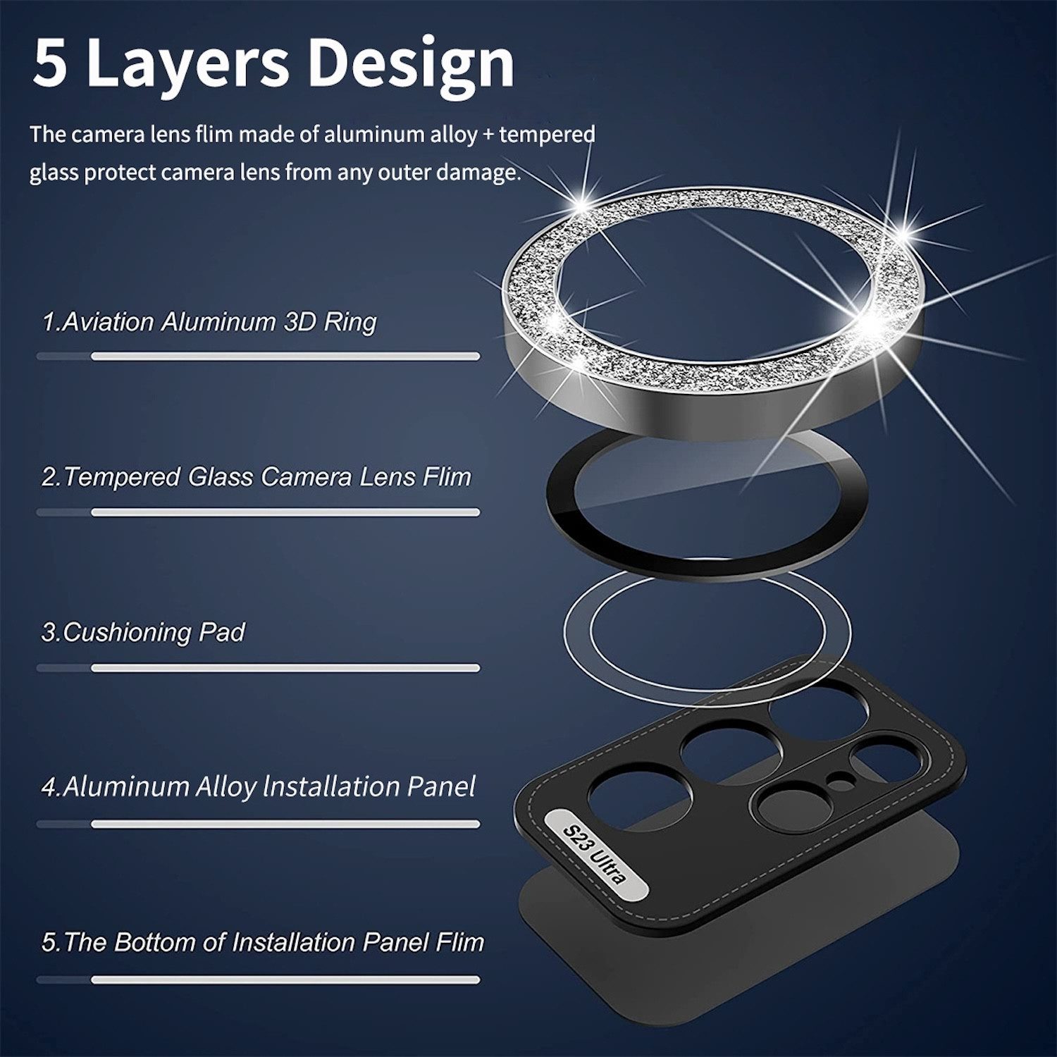 Wigento Handyhülle Für Samsung Galaxy S25 Plus Aluminium Glitzer Ring Kamera Glas Silber, Kameralinsenschutz mit Metallring, gehärtetes Glas