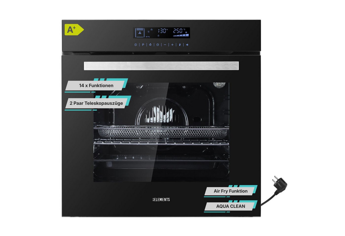 KB Elements Einbaubackofen 15 x Funktionen, Airfryer Funktion, Full Touch Display, AQUA CLEAN, mit 2-fach-Teleskopauszug, Air Fry, AQUA CLEAN,Full Touch,EEK A+